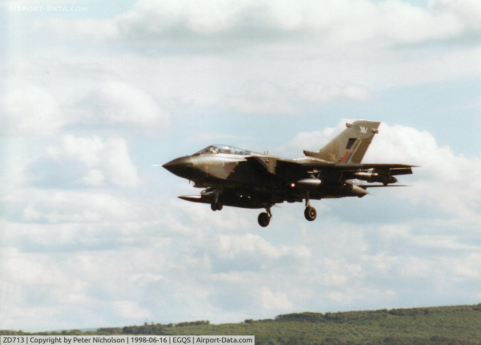 ZD713, 1984 Panavia Tornado GR.1 C/N 334/BT039/3154, Tornado GR.1, callsign Poker 2, of 15[Reserve] Squadron on finals for Runway 05 at RAF Lossiemouth in the Summer of 1998.