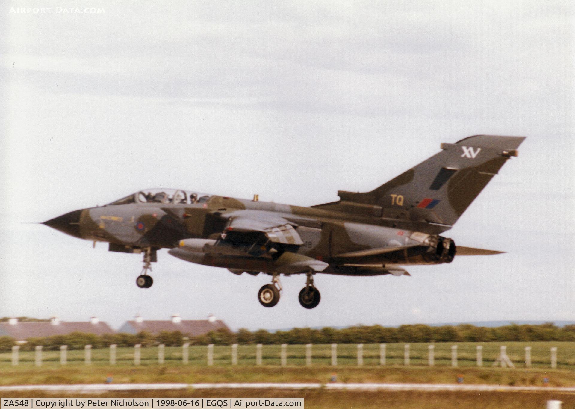 ZA548, 1981 Panavia Tornado GR.1 C/N 061/BT016/3032, Tornado GR.1, callsign Poker 1, of 15[Reserve] Squadron landing on Runway 05 at RAF Lossiemouth in the Summer of 1998.