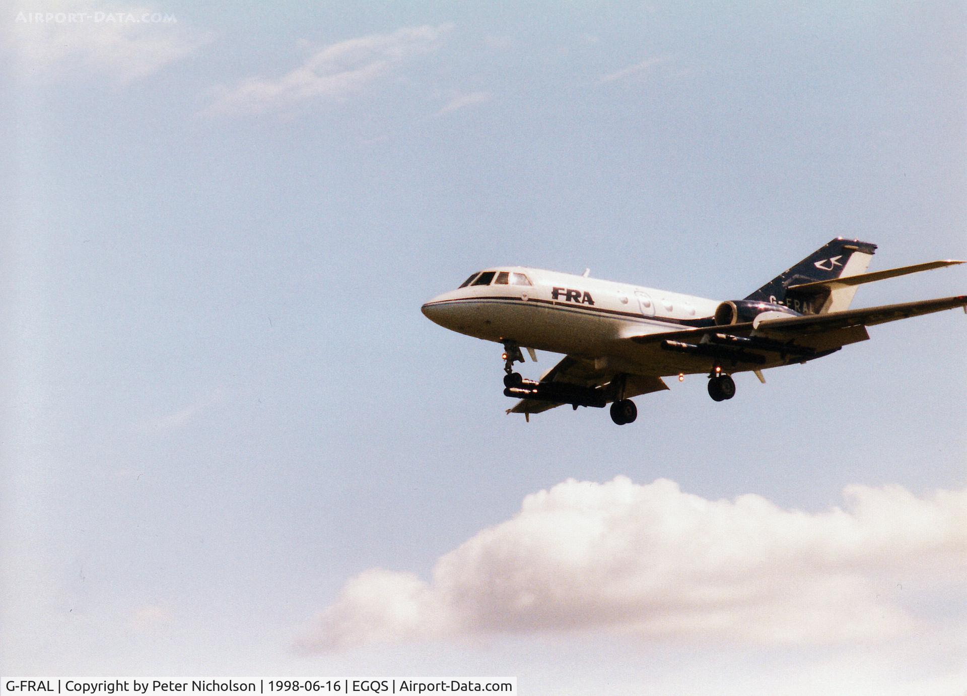 G-FRAL, 1968 Dassault Falcon (Mystere) 20DC C/N 151, FRA Falcon 20, callsign Broadway 81, returning to RAF Lossiemouth after a mission during the 1998 Joint Maritime Course.