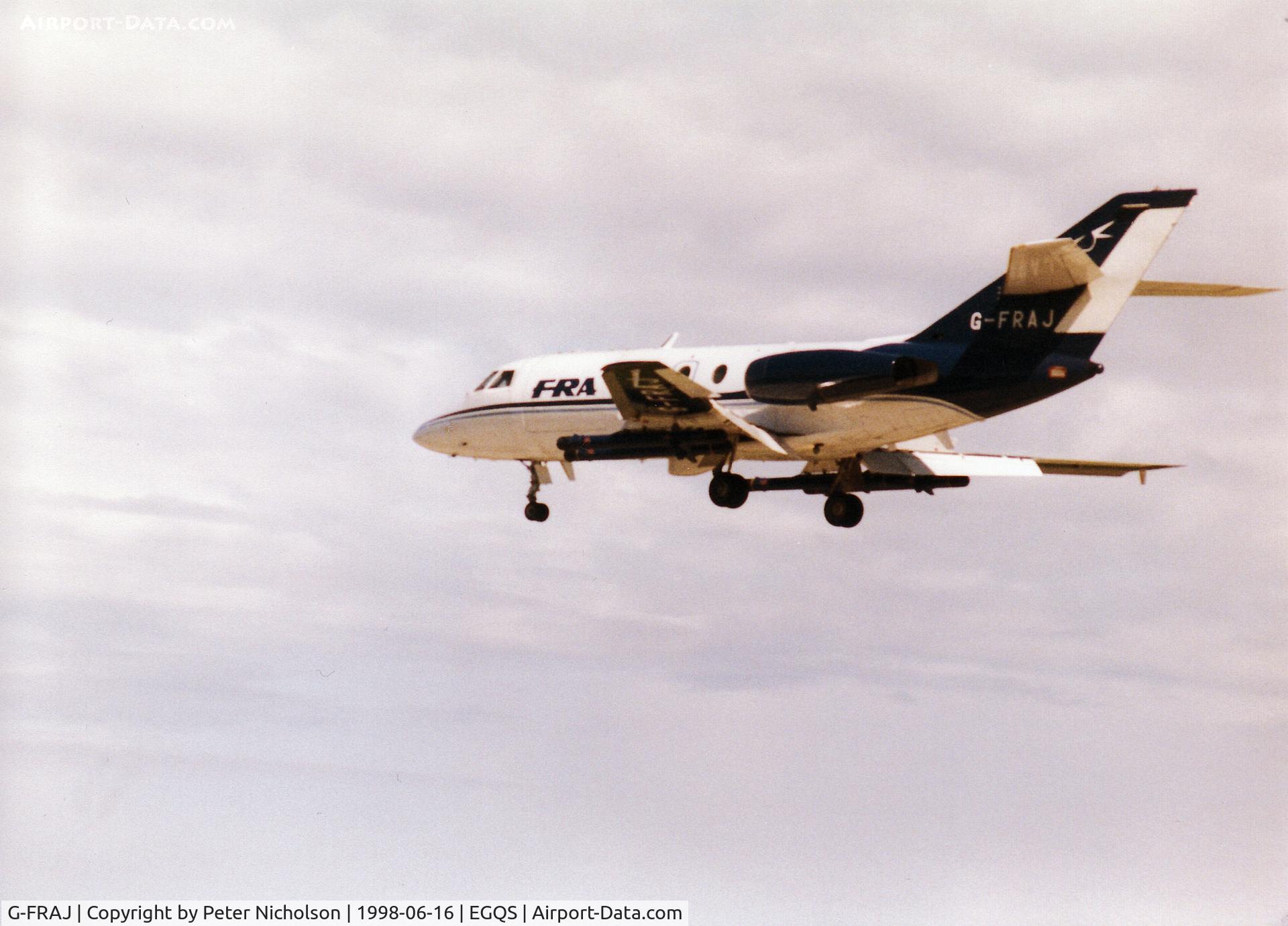 G-FRAJ, 1966 Dassault Falcon 20DC C/N 20, FRA Falcon 20, callsign Broadway 84, landing on Runway 05 at RAF Lossiemouth after a mission during the 1998 Joint Maritime Course.