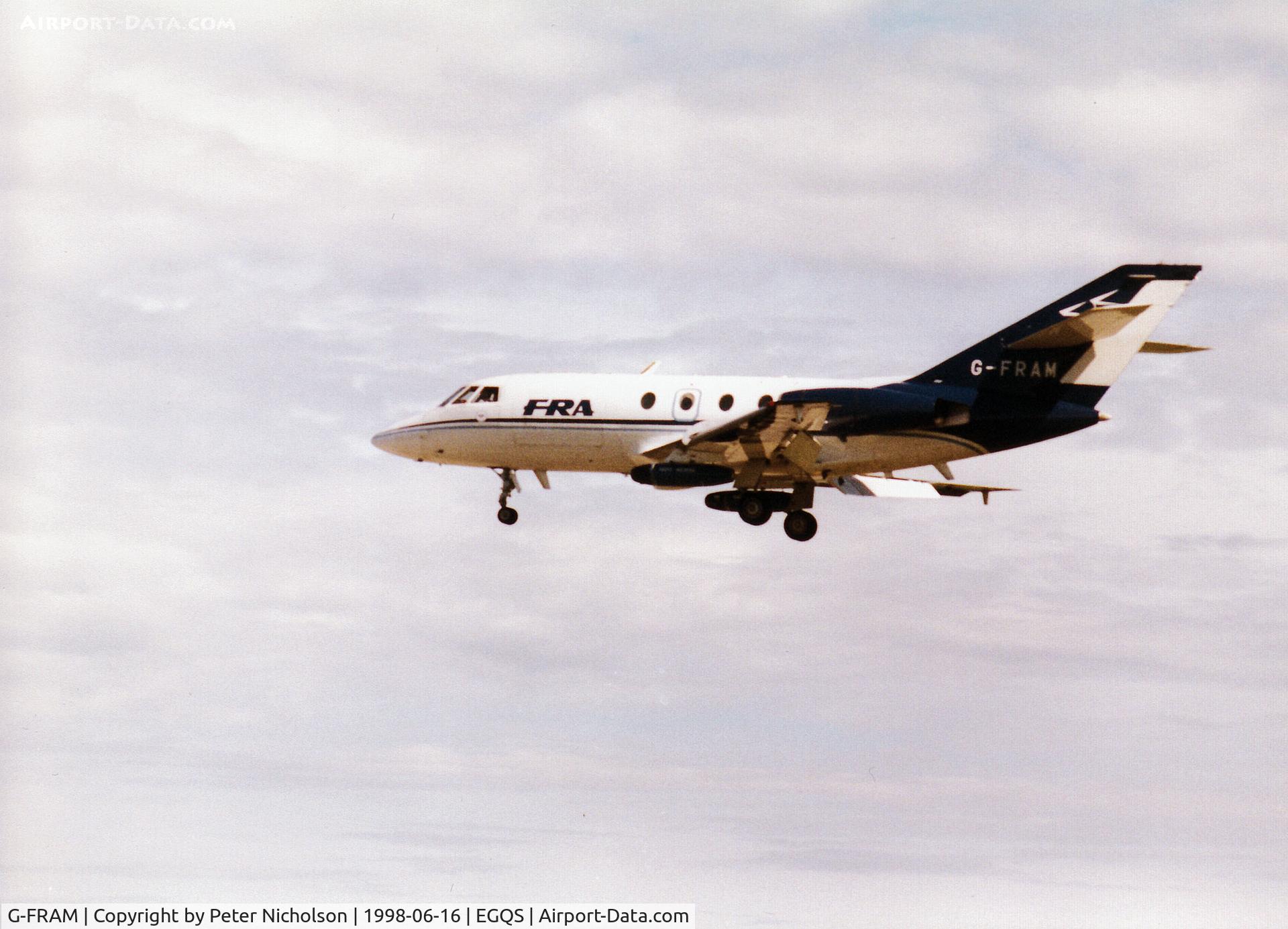 G-FRAM, 1970 Dassault Falcon (Mystere) 20DC C/N 224, FRA Falcon 20, callsign Broadway 91, landing on Runway 05 at RAF Lossiemouth after a mission during the 1998 Joint Maritime Course.