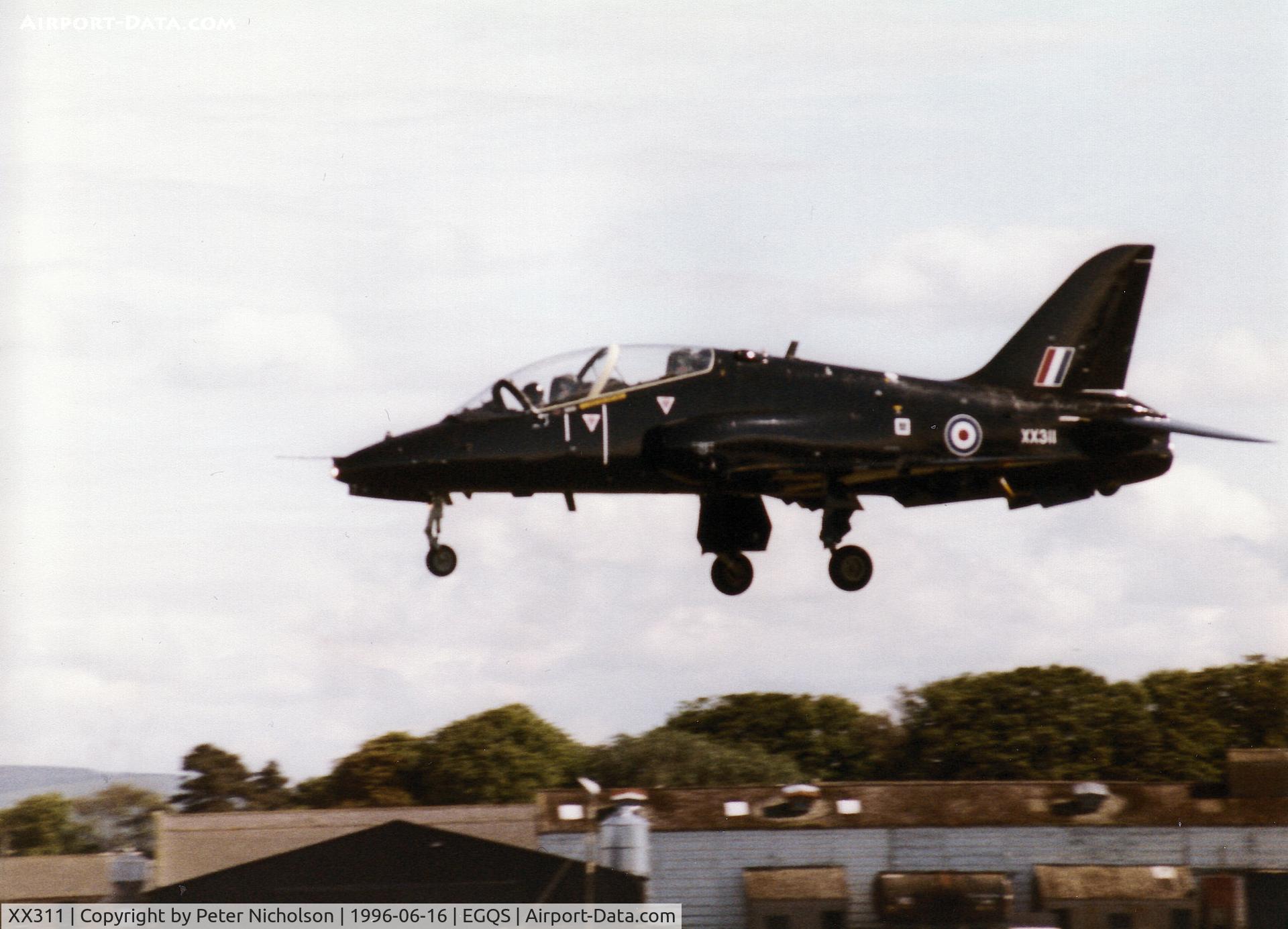 XX311, 1980 Hawker Siddeley Hawk T.1 C/N 147/312136, Hawk T.1A of the Fleet Requirements and Air Direction Unit - FRADU - returning to RAF Lossiemouth after a mission during the 1998 Joint Maritime Course.