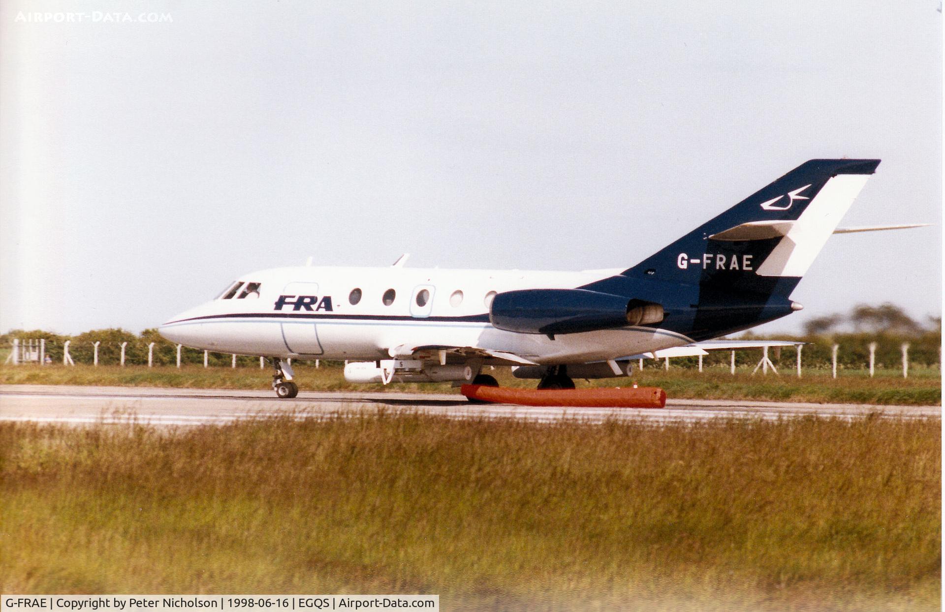 G-FRAE, 1973 Dassault Falcon (Mystere) 20E C/N 280, Target-towing equipped Falcon 20 of FRA preparing for take-off on Runway 05 at RAF Lossiemouth for a mission during the 1998 Joint Maritime Course.