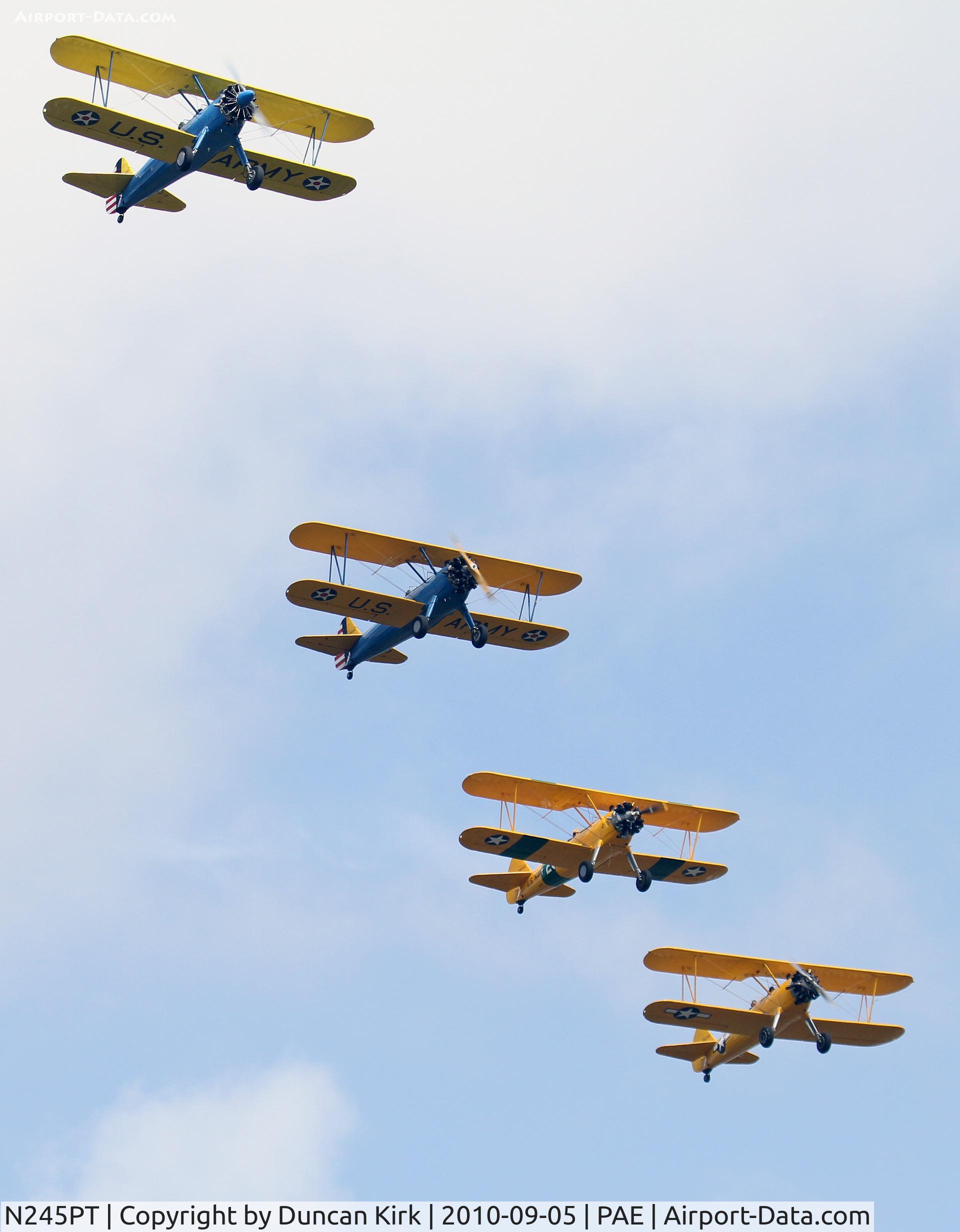 N245PT, 1940 Boeing A75J1 C/N 75-502, N245PT joins three other Stearman in a flyby at the Historical Aircraft Fly-in at Everett, WA