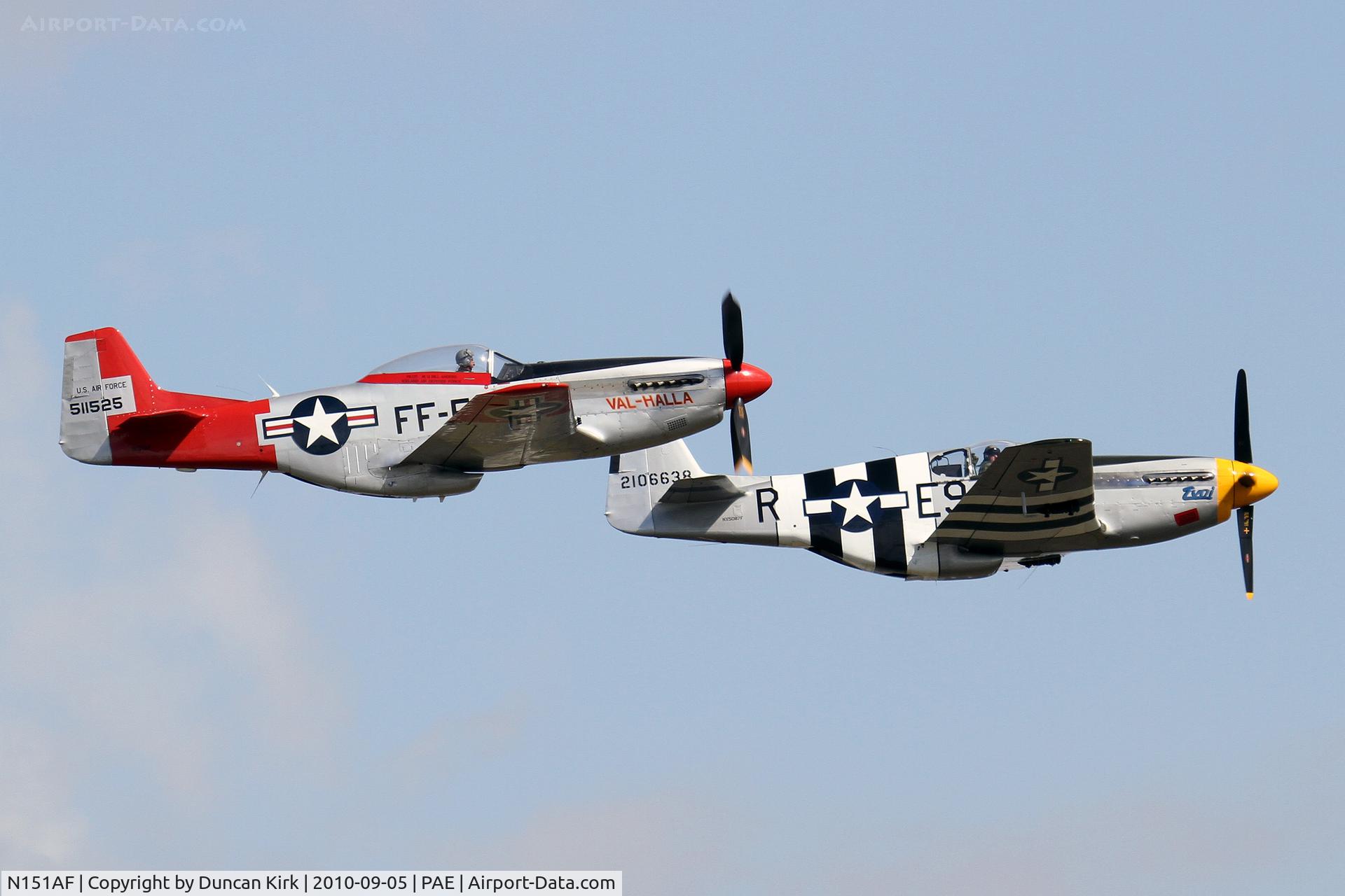N151AF, 1945 North American P-51D Mustang C/N 45-11525, N151AF flanked by P-51 NX5087F