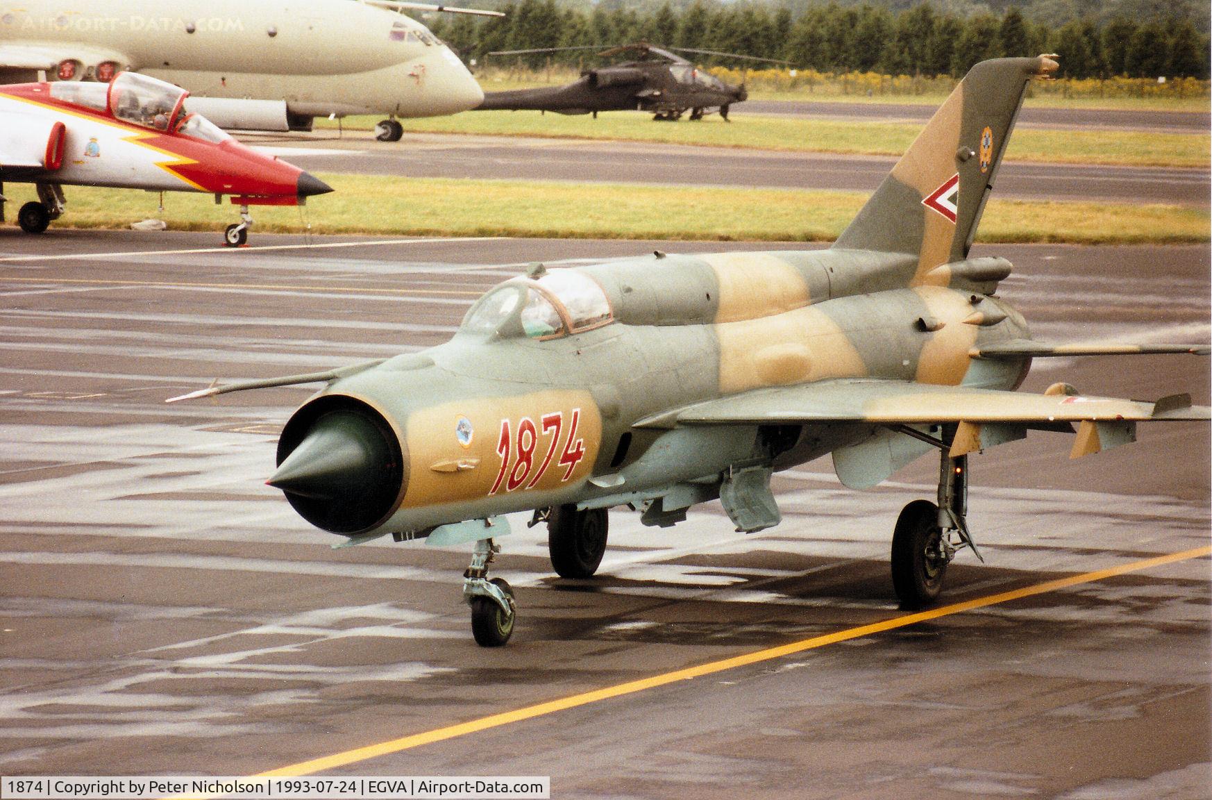 1874, Mikoyan-Gurevich MiG-21bis C/N 75061874, MiG-21 Fishbed of the Hungarian Air Force's Sky Hussars display team taxying to the active runway at the 1993 Intnl Air Tattoo at RAF Fairford.