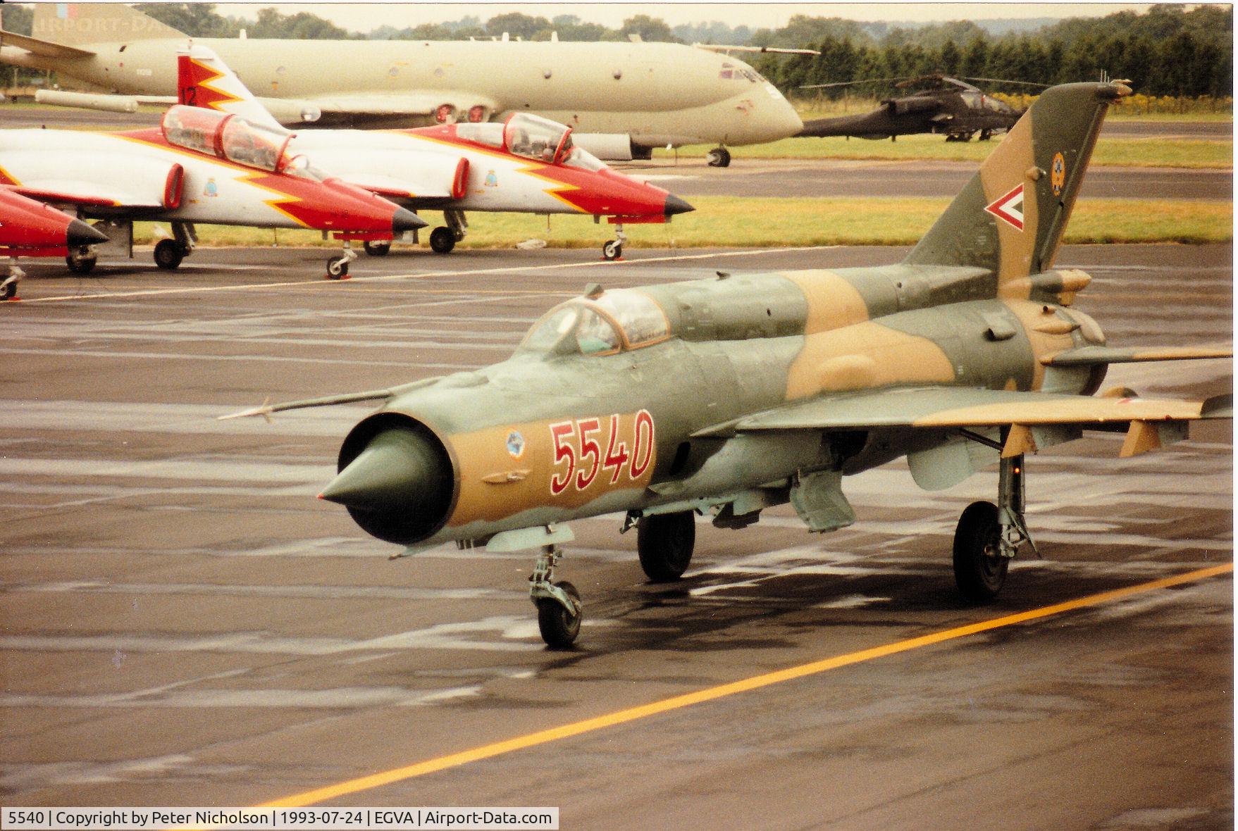 5540, Mikoyan-Gurevich MiG-21bis C/N 75035540, MiG-21 Fishbed of the Hungarian Air Force's Sky Hussars display team taxying to the active runway at the 1993 Intnl Air Tattoo at RAF Fairford.