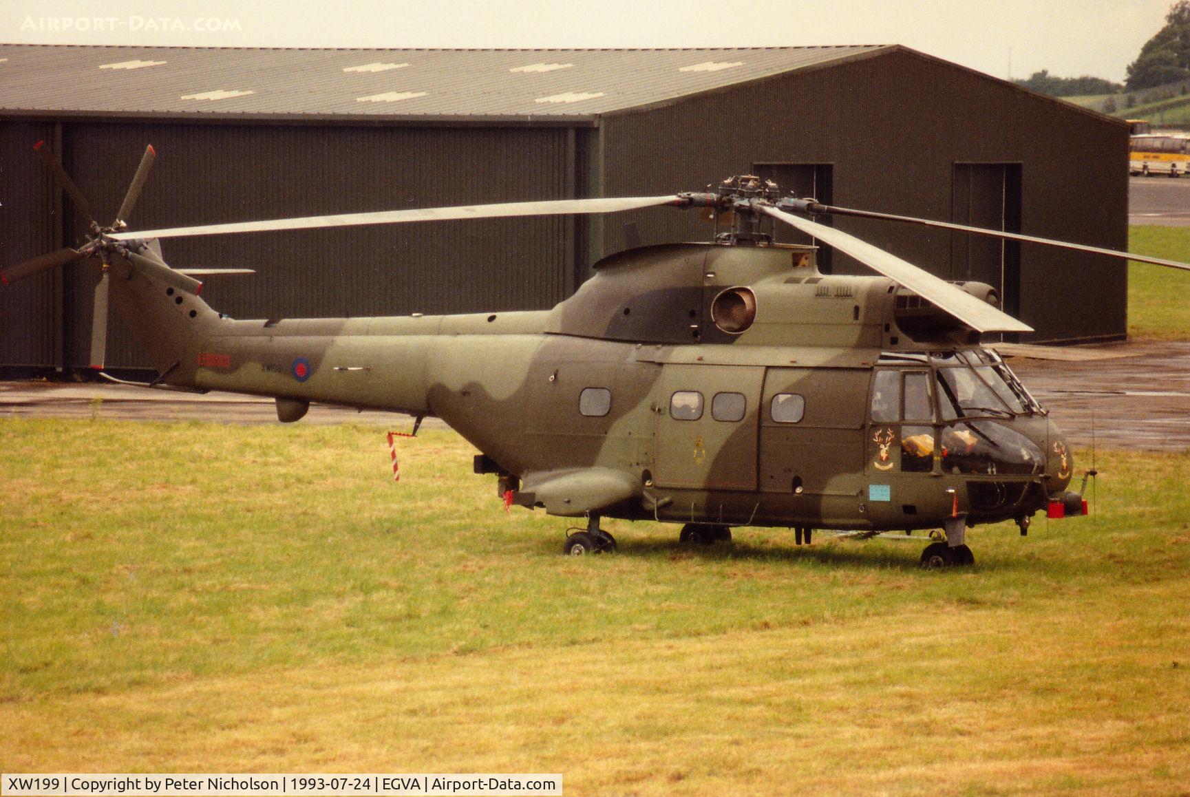 XW199, 1971 Westland Puma HC.1 C/N 1042/F9746, Puma HC.1, callsign Victor 1 Charlie Zero Seven, of RAF Benson's 33 Squadron on display at the 1993 Intnl Air Tattoo at RAF Fairford.