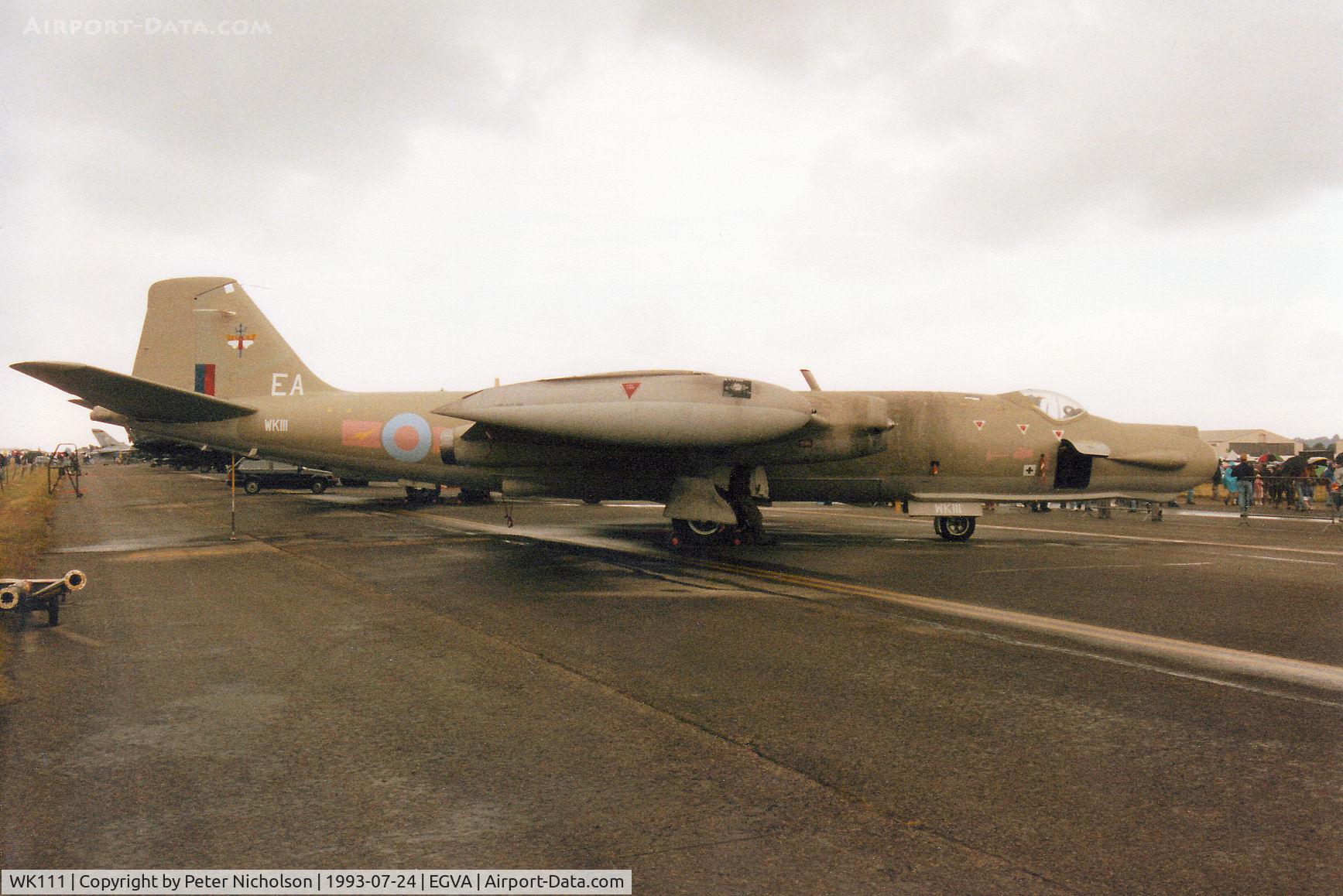 WK111, 1954 English Electric Canberra T.17 C/N R3/EA3/6630, Canberra T.178, callsign Trident, of 360 Squadron based at RAF Wyton on display at the 1993 Intnl Air Tattoo at RAF Fairford.