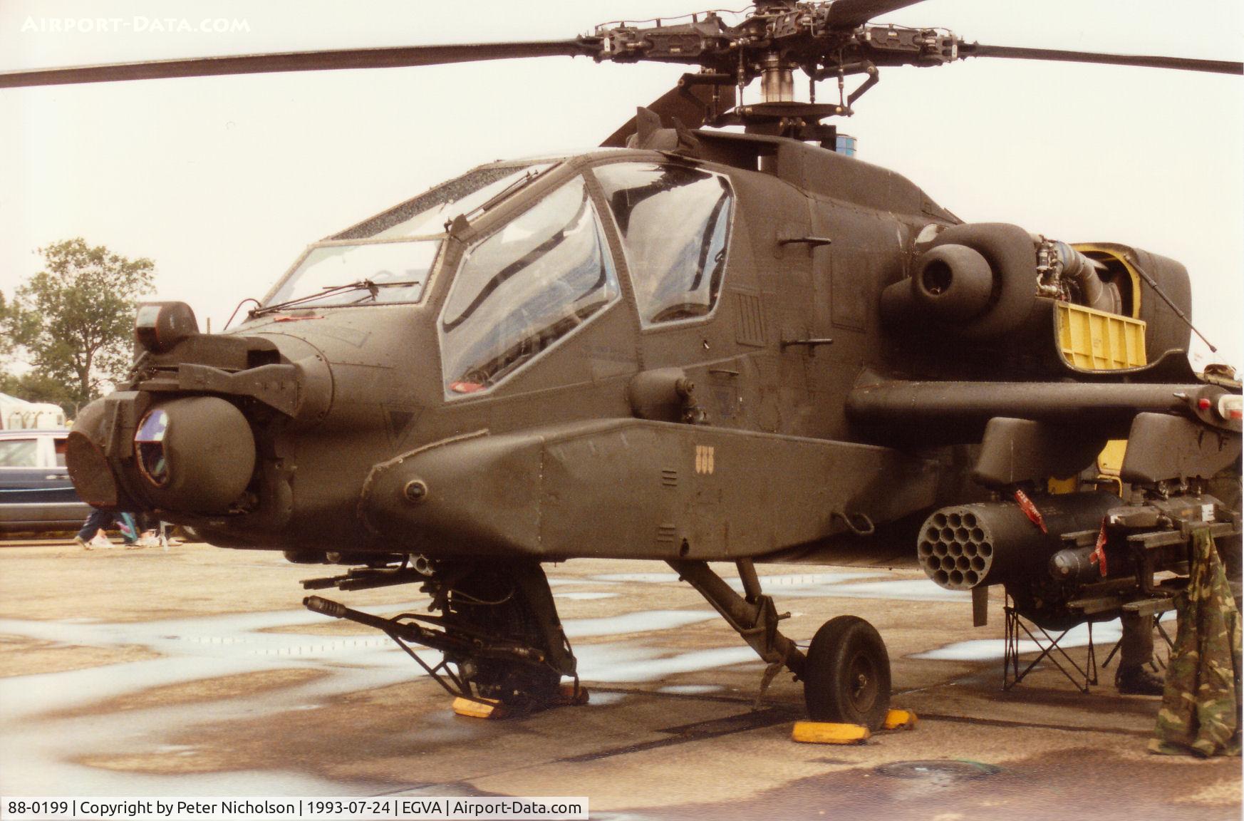 88-0199, 1988 McDonnell Douglas AH-64A Apache C/N PV529, AH-64A Apache, callsign Army 26072, of 2-227th Aviation Battalion on display at the 1993 Intnl Air Tattoo at RAF Fairford.