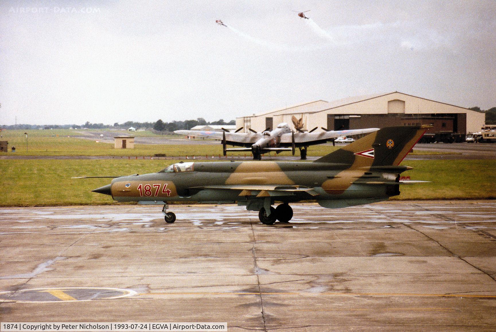 1874, Mikoyan-Gurevich MiG-21bis C/N 75061874, Member of the Hungarian Air Force's Sky Hussars display team at the 1993 Intnl Air Tattoo at RAF Fairford.