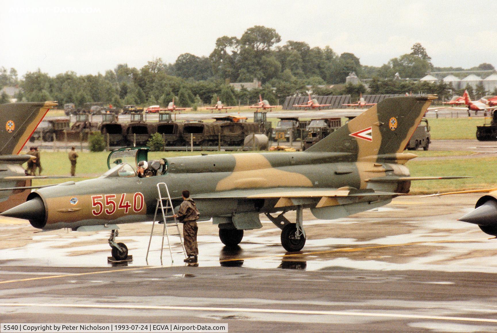 5540, Mikoyan-Gurevich MiG-21bis C/N 75035540, MiG-21 Fishbed of the Sky Hussars Hungarian Air Force display team on the flight-line at the 1993 Intnl Air Tattoo at RAF Fairford.