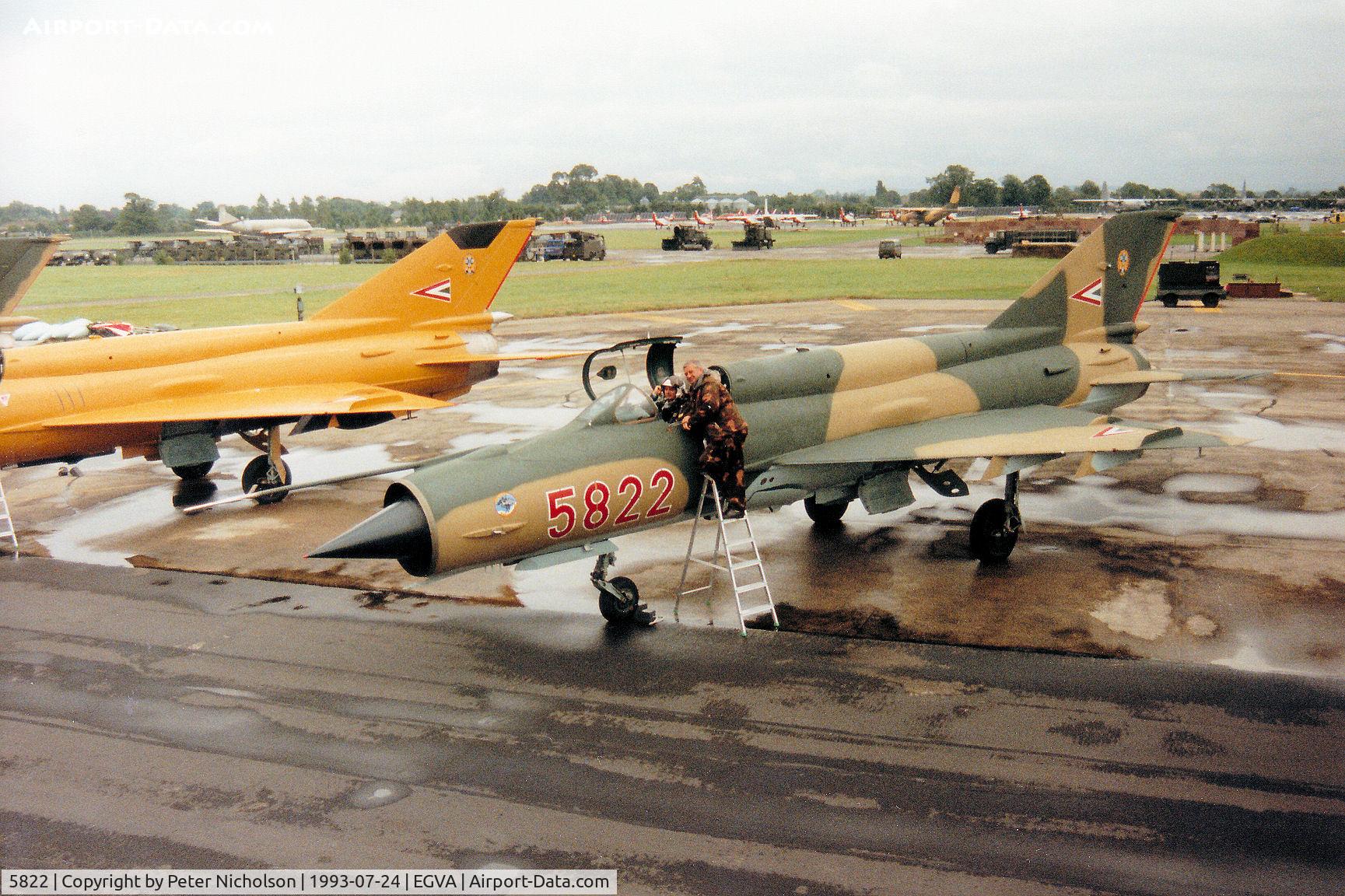 5822, Mikoyan-Gurevich MiG-21bis C/N 75035822, MiG-21 Fishbed of the Sky Hussars display team on the flight-line at the 1993 Intnl Air Tattoo at RAF Fairford.