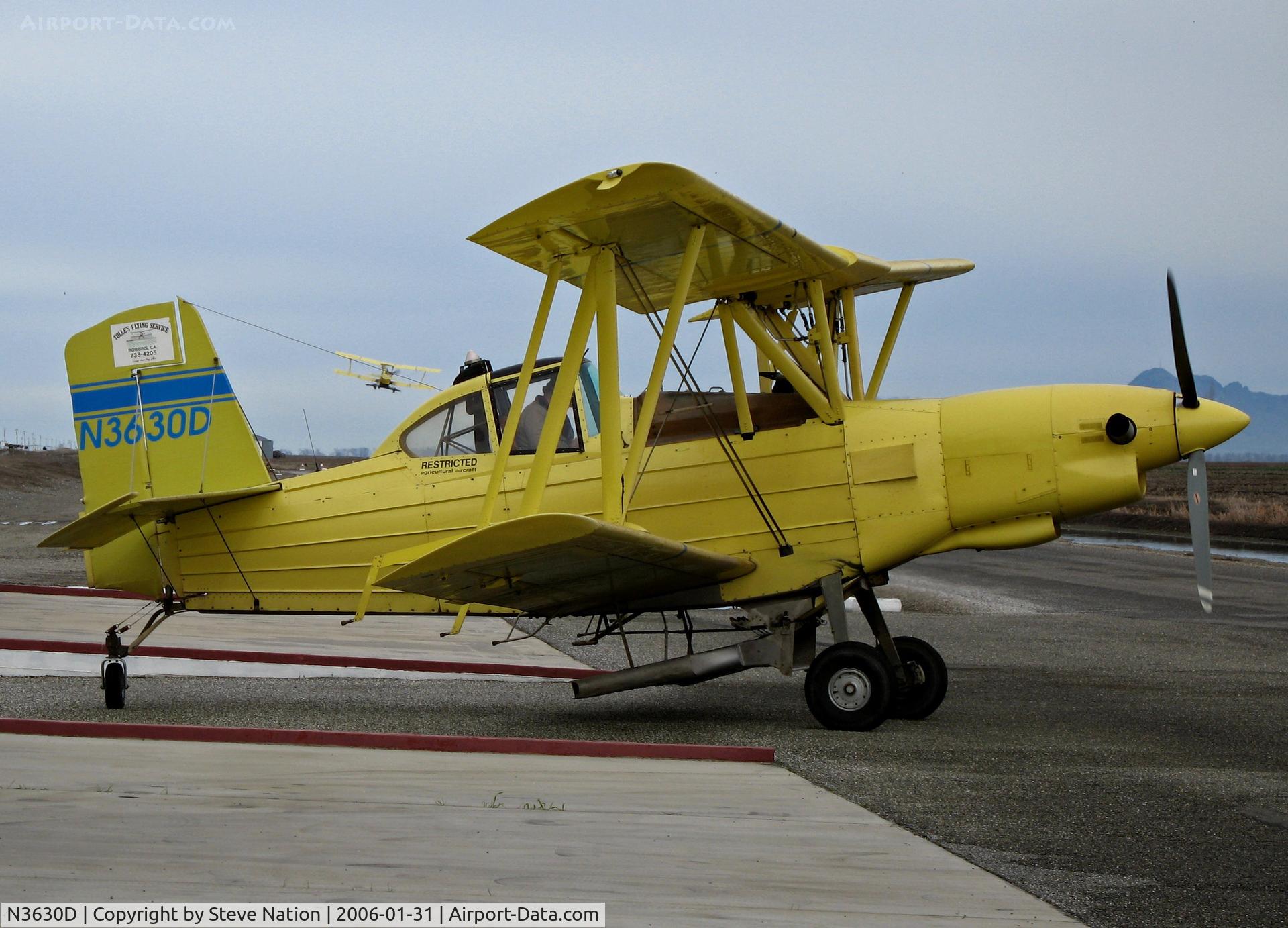 N3630D, 1984 Schweizer Aircraft Corp G-164B C/N 756B, Pilot of Tolle's Flying Service (Robbins, CA) Turbine 1984 G-164B waits for take-off at owner's private airstrip near junction of State Hwy 113 and Reclamation Road - applying fertilizer pellets to wheat this day with spreader - that's Turbine G-164B N362