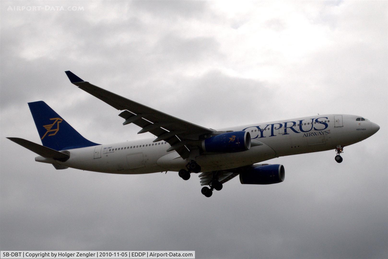 5B-DBT, 2003 Airbus A330-243 C/N 526, Unusual at the skies above LEJ, but bringing home passengers of insolvent EuroCyprus.
