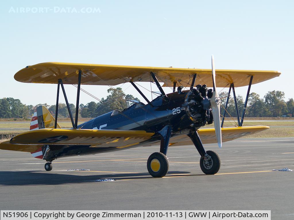 N51906, 1941 Boeing A75N1(PT17) C/N 75-2517, Fuel Stop @ Goldsboro-Wayne. Restored aircraft being ferried to its new owner in Florida.