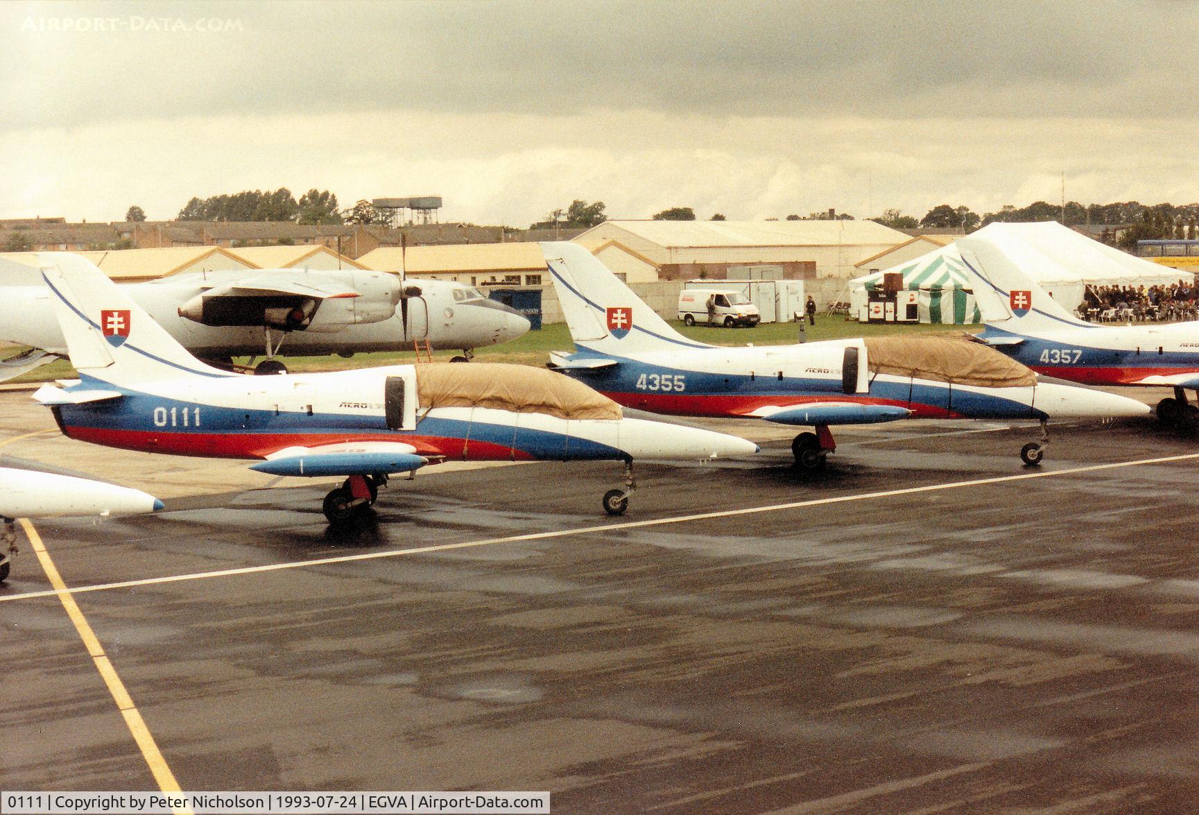 0111, Aero L-39 Albatros C/N 530111, L-39C of the Slovak Air Force's White Albatros display team on the flight-line at the 1993 Intnl Air Tattoo at RAF Fairford.