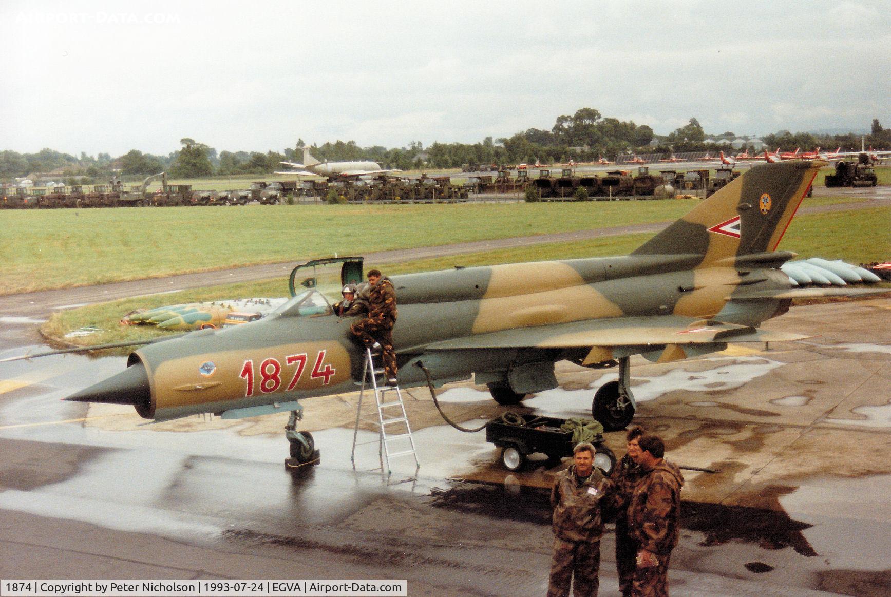 1874, Mikoyan-Gurevich MiG-21bis C/N 75061874, MiG-21 Fishbed of the Sky Hussars aerobatic team on the flight-line at the 1993 Intnl Air Tattoo at RAF Fairford.