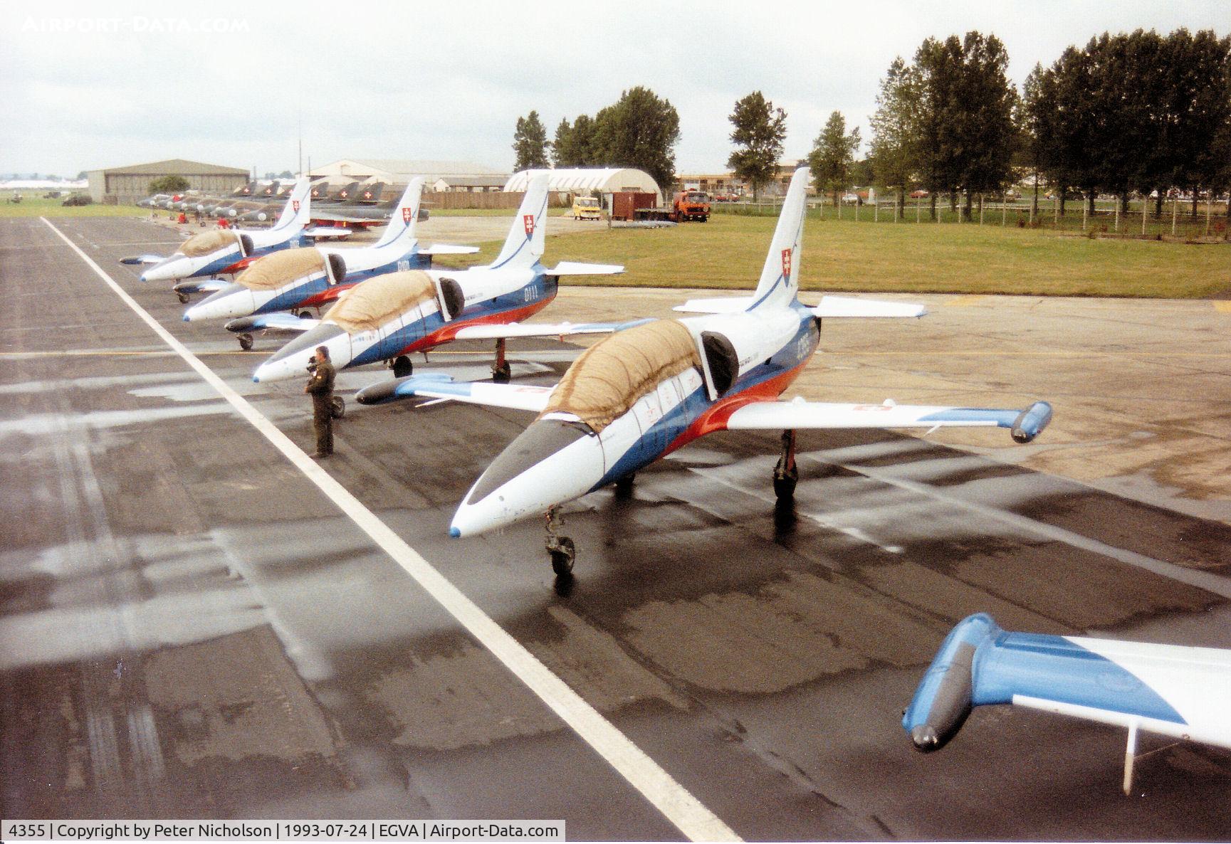 4355, Aero L-39C Albatros C/N 834355, L-39C Albatros with others of the White Albatros display team of the Slovak Air Force on the flight-line at the 1993 Intnl Air Tattoo at RAF Fairford.