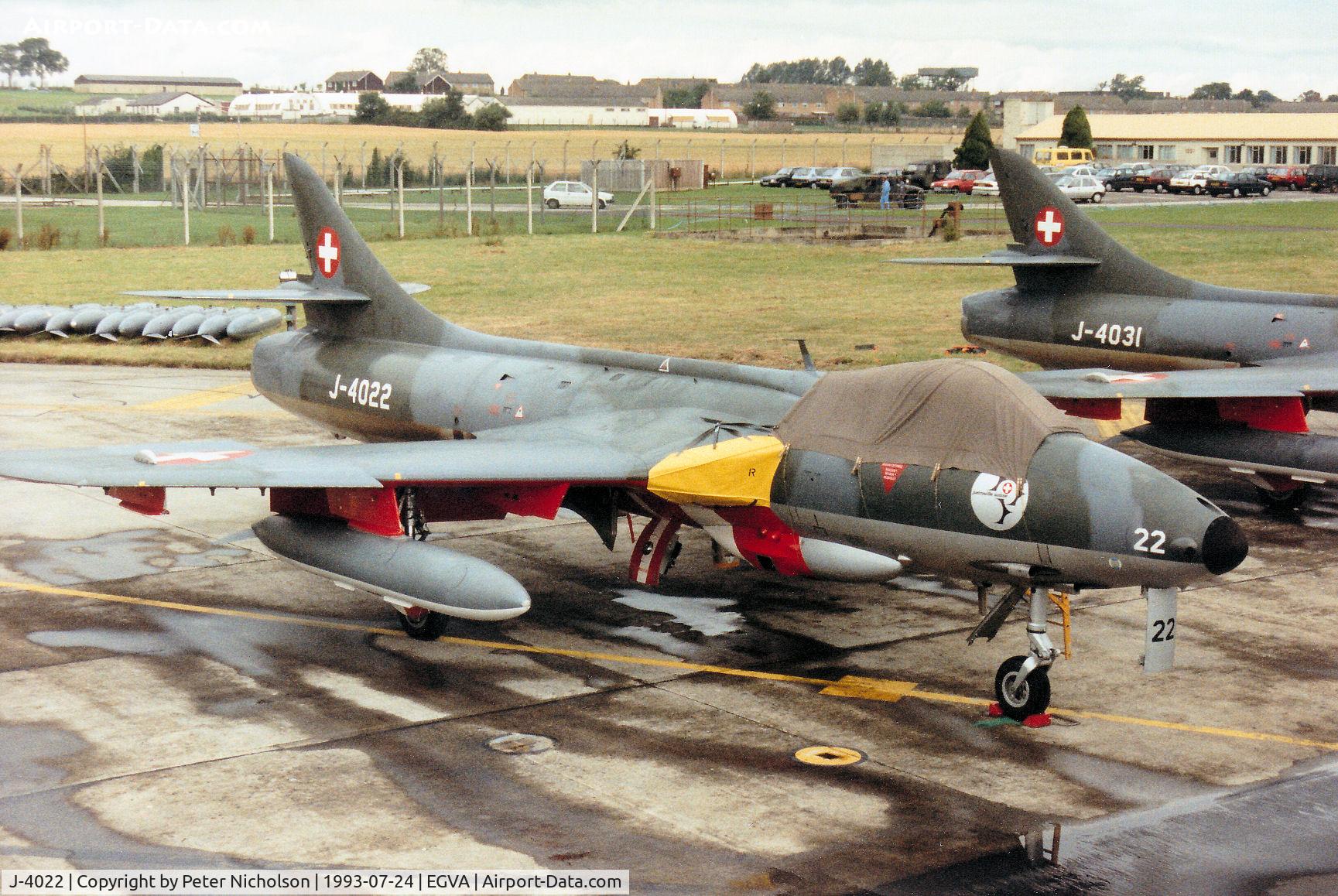 J-4022, 1955 Hawker Hunter F.58 C/N 41H-697389, Hunter F.58 of the Patrouille Suisse aerobatic display team on the flight-line at the 1993 Intnl Air Tattoo at RAF Fairford.