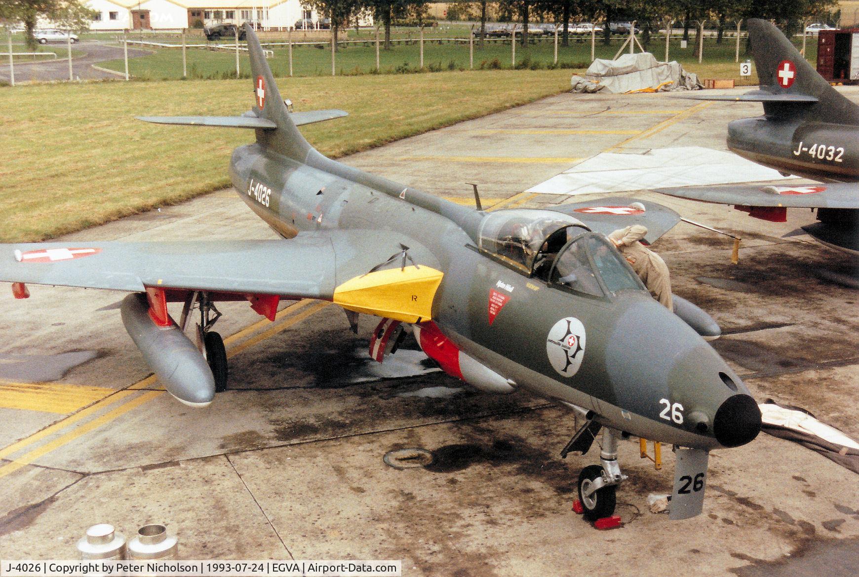 J-4026, Hawker Hunter F.58 C/N 41H-697392, Hunter F.58 of the Patrouille Suisse aerobatic display team on the flight-line at the 1993 Intnl Air Tattoo at RAF Fairford.