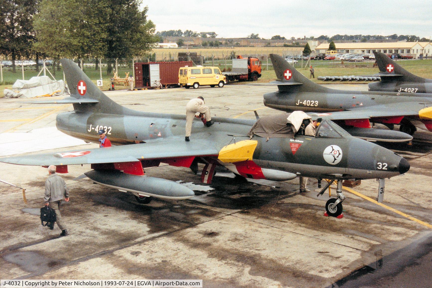 J-4032, Hawker Hunter F.58 C/N 41H-697399, Hunter F.58 of the Patrouille Suisse aerobatic display team on the flight-line at the 1993 Intnl Air Tattoo at RAF Fairford.