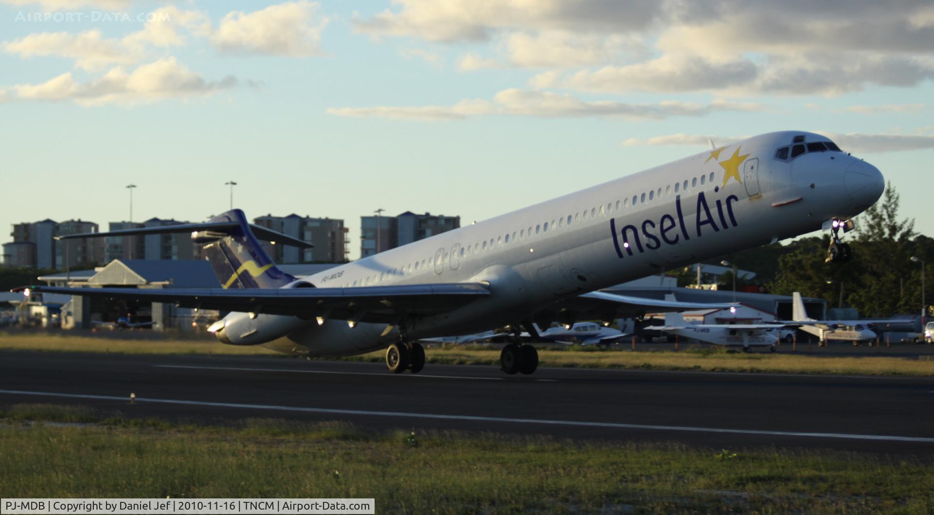 PJ-MDB, 1983 McDonnell Douglas MD-82 (DC-9-82) C/N 48021, Insel air departing on a late afternoon flight to Curacao.