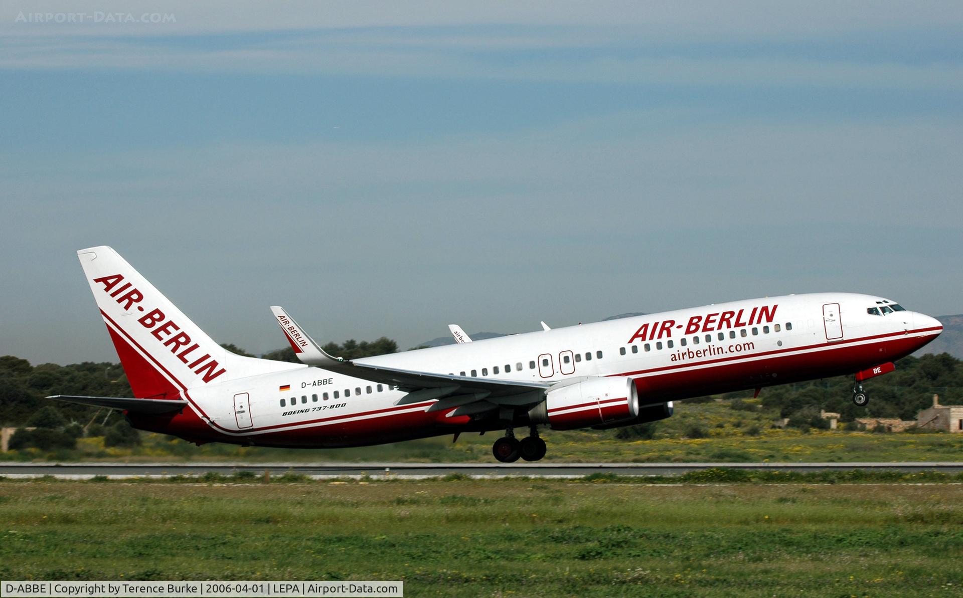 D-ABBE, 2002 Boeing 737-86J C/N 30881, Lift off , Palma airport. April 2006
