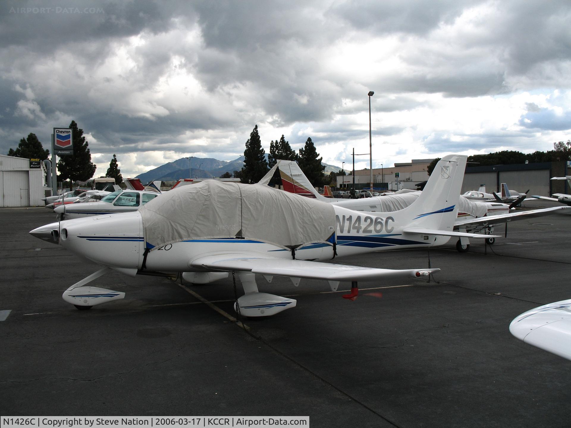 N1426C, 2003 Cirrus SR20 C/N 1325, Locally-based 2003 Cirrus Design SR20 buttoned up @ Buchanan Field, Concord, CA just before a storm (to Southern Cross Aviation, Ft. Lauderdale, FL in Summer 2010; cancelled as exported to Brazil on August 10, 2010)