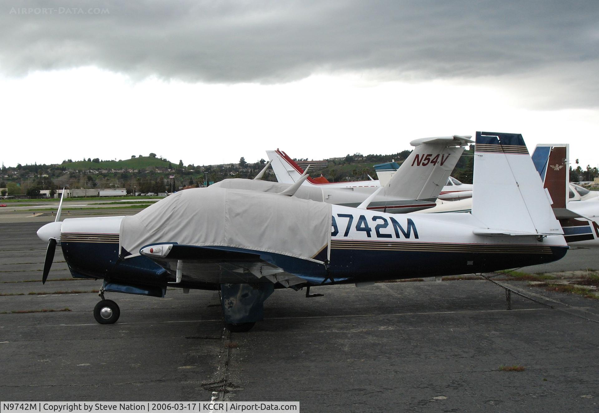 N9742M, 1967 Mooney M20C Ranger C/N 670036, 1967 Mooney M20C buttoned-up @ Buchanan Field, Concord, CA just before a storm