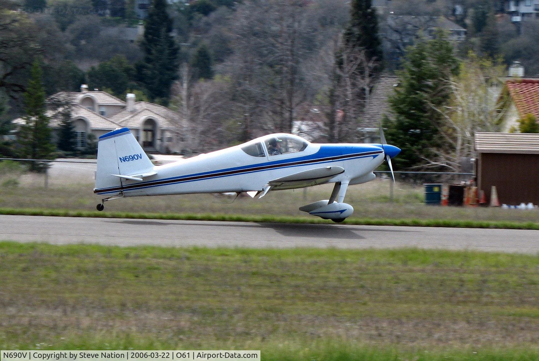 N690V, 1990 Vans RV-6 C/N 20051, 1990 Weinberg VANS RV-6 touches down @ Cameron Airpark, CA (damaged beyond repair at Sparks, NV on April 26, 2009; canopy opened after take-off and aircraft veered off of runway during emergency landing; registration canceled June 3, 2009)
