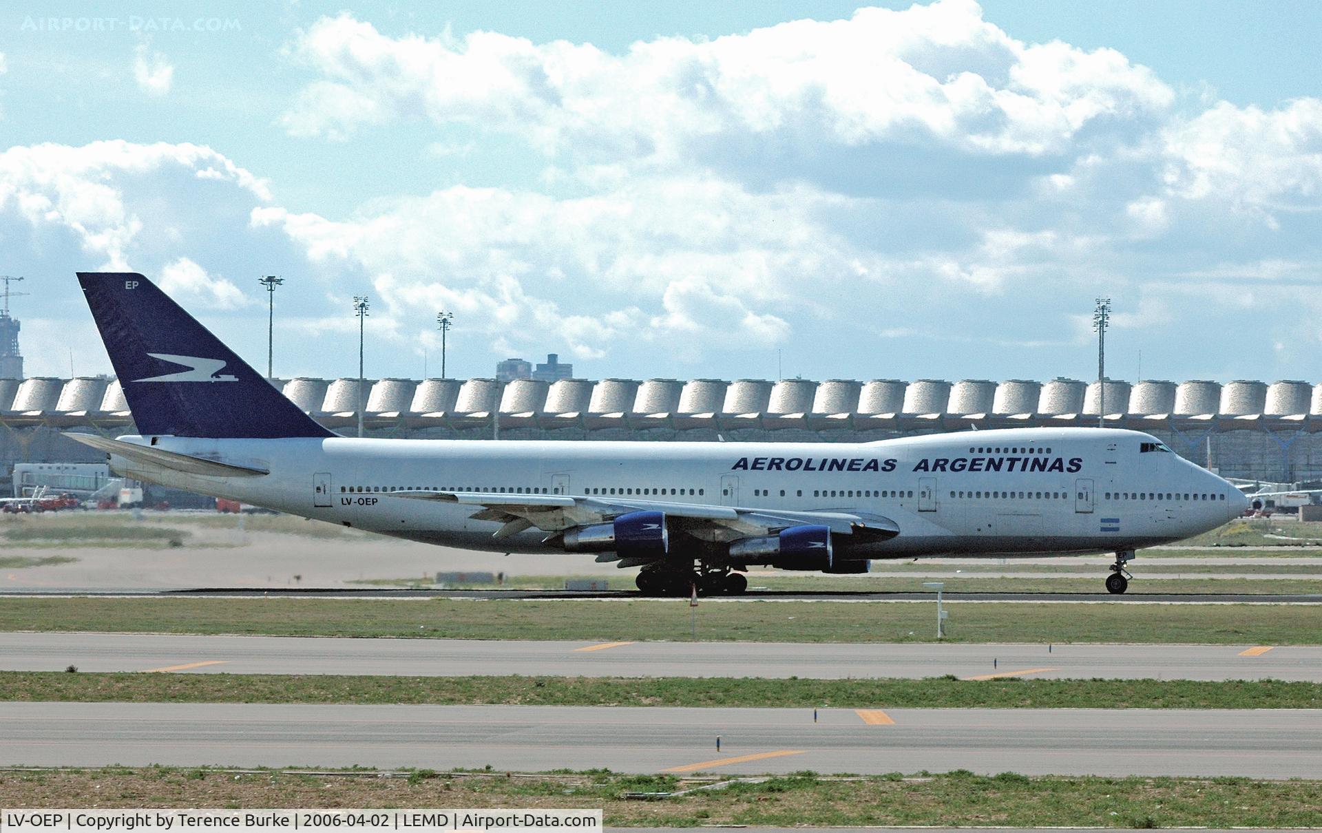 LV-OEP, 1980 Boeing 747-287B C/N 22297, Madrid Airport, (From inside terminal and against the Light)