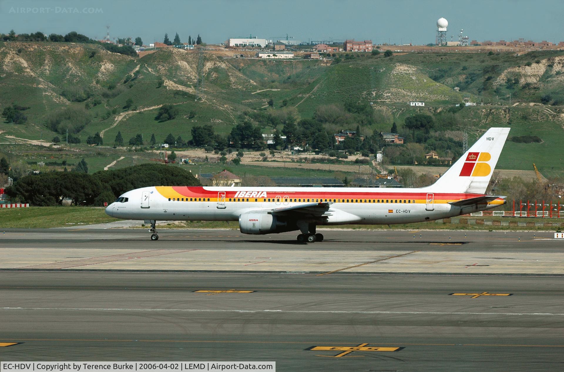 EC-HDV, 1999 Boeing 757-256 C/N 26254, Madrid Airport, (From inside terminal)