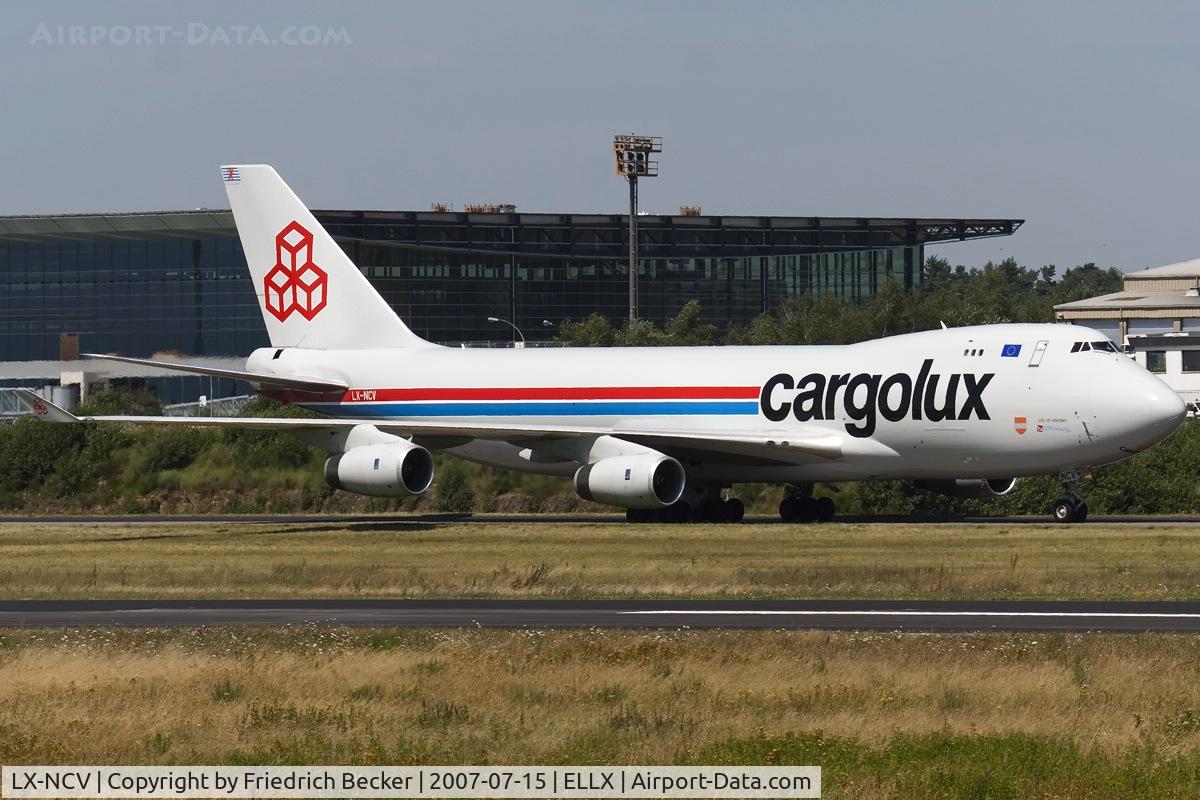 LX-NCV, 1999 Boeing 747-4R7F/SCD C/N 29730, taxying to the cargo center