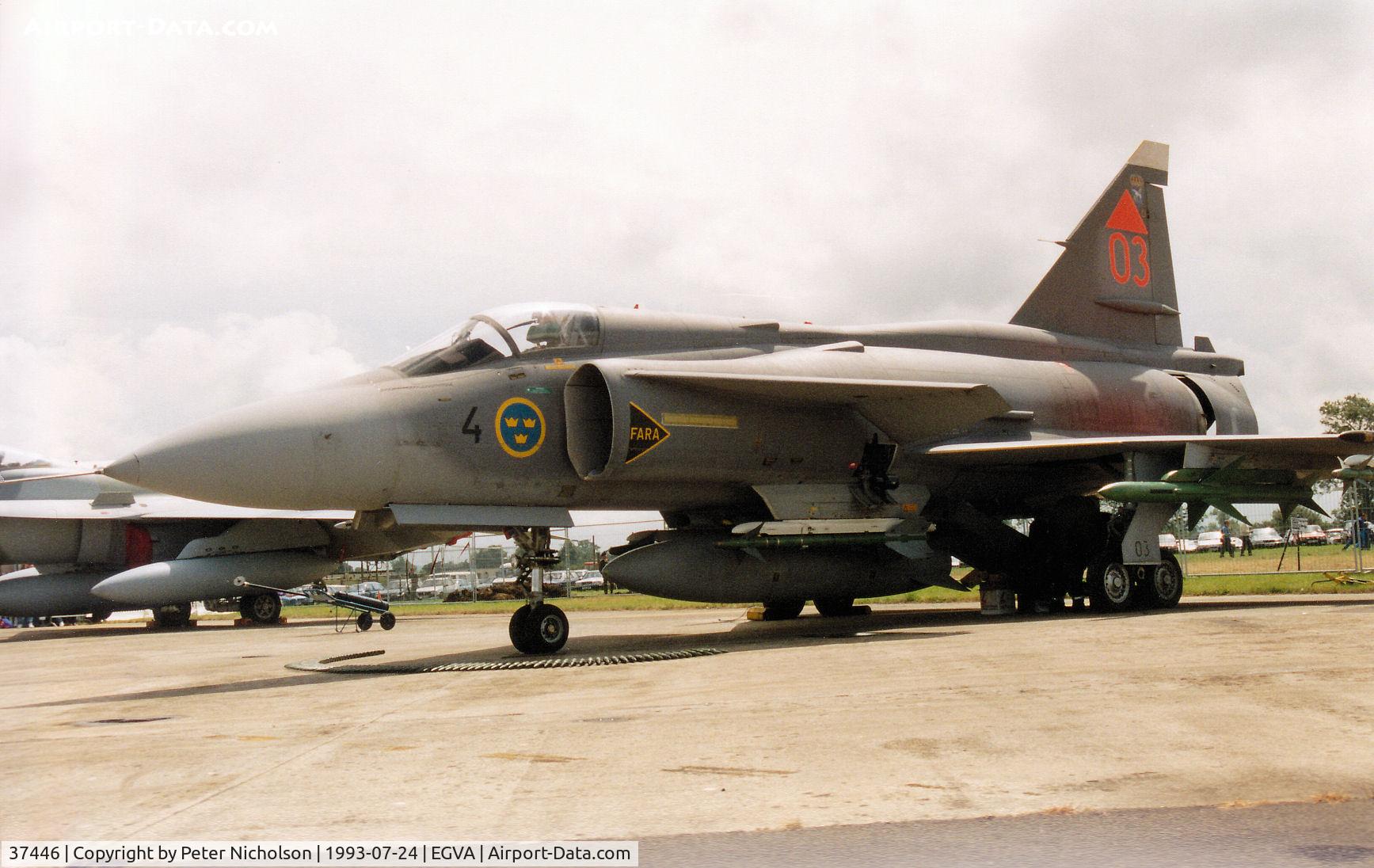 37446, Saab JA 37 Viggen C/N 37446, JA 37 Viggen of F4 Wing Swedish Air Force on display at the 1993 Intnl Air Tattoo at RAF Fairford.
