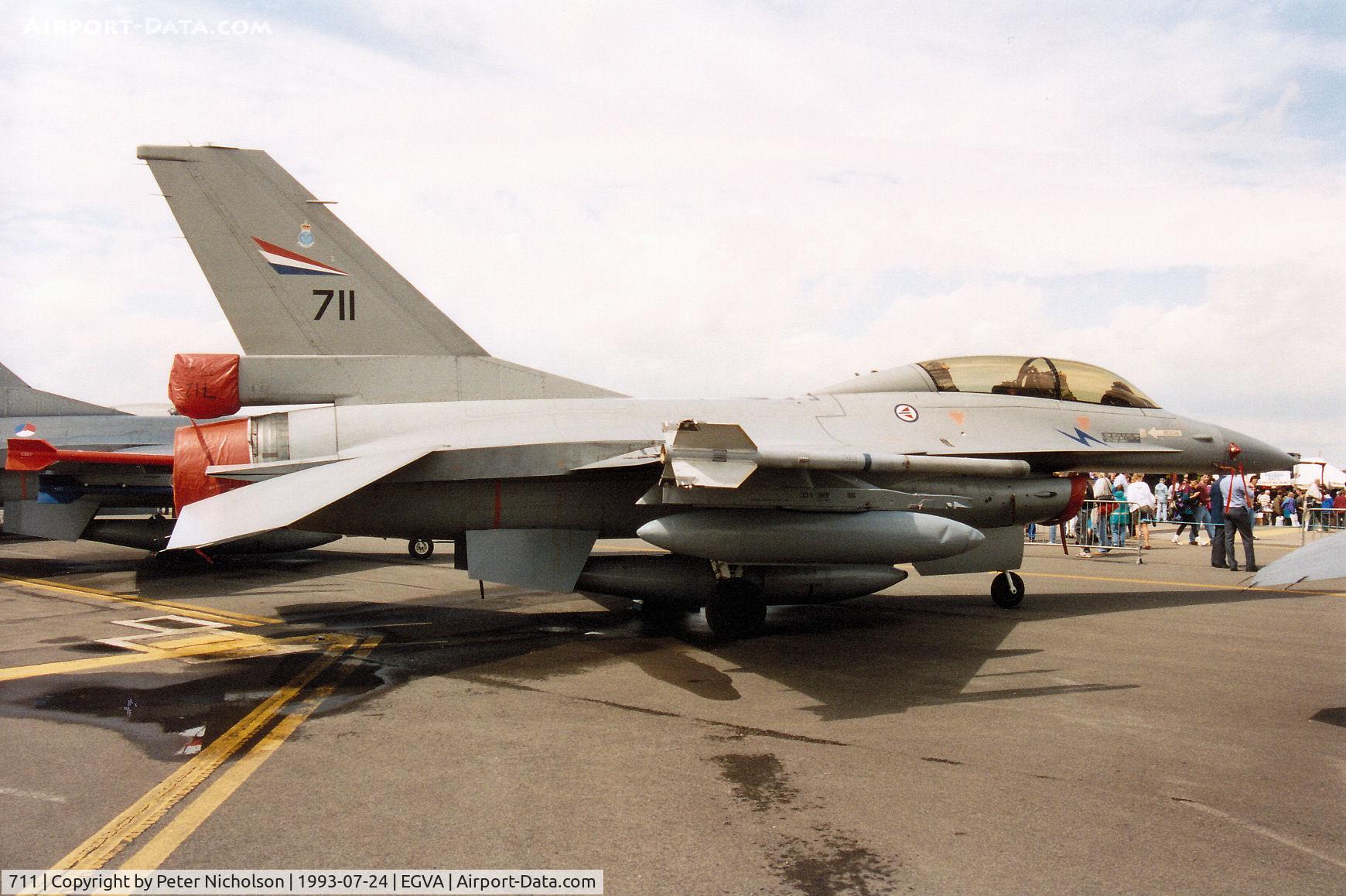 711, 1989 General Dynamics F-16BM Fighting Falcon C/N 6L-13, F-16B Falcon of 331 Skv Royal Norwegian Air Force at Bodo on display at the 1993 Intnl Air Tattoo at RAF Fairford.