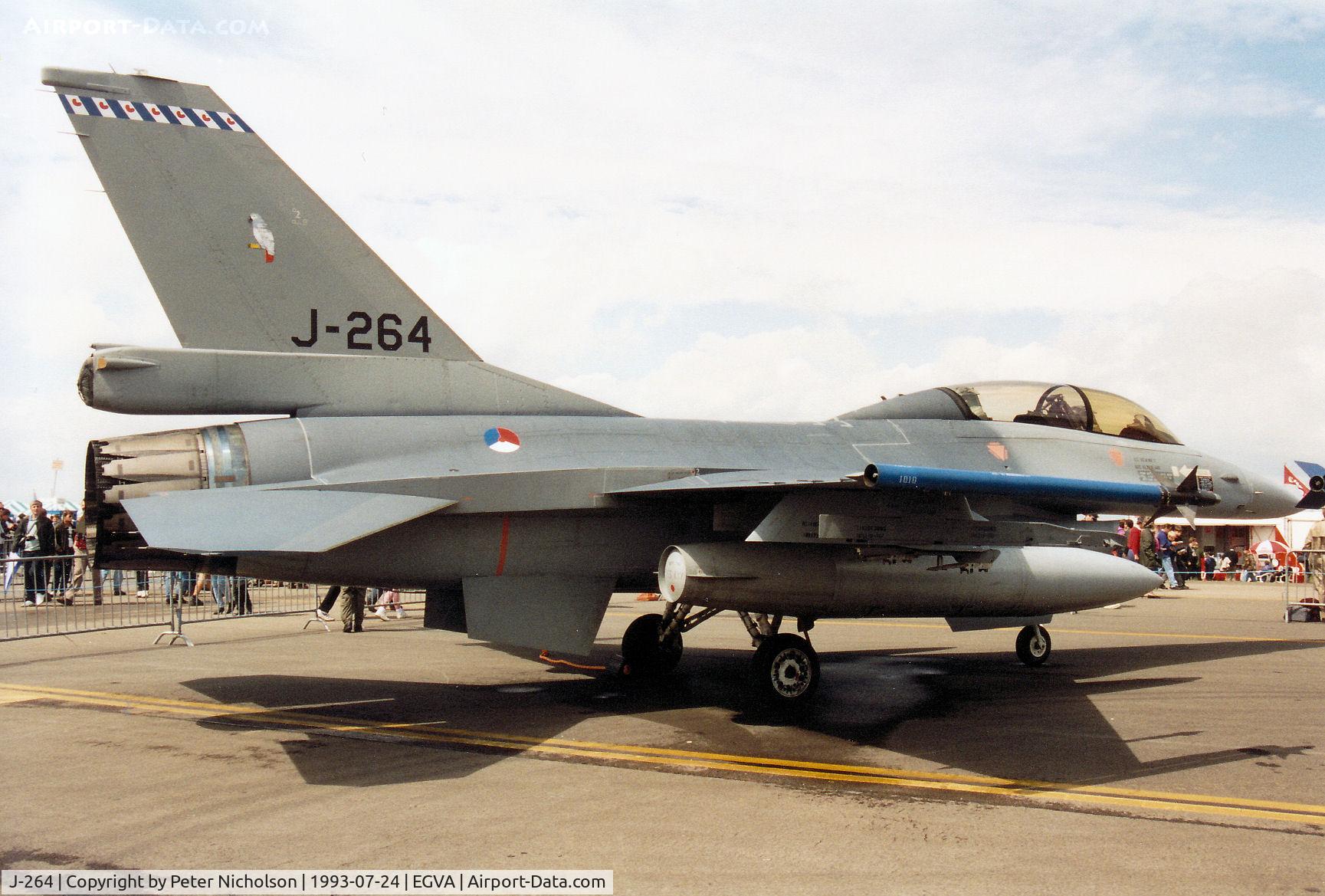 J-264, Fokker F-16B Fighting Falcon C/N 6E-6, F-16B Falcon, callsign Hawk, of 322 Squadron Royal Netherlands Air Force at Leeuwarden on display at the 1993 Intnl Air Tattoo at RAF Fairford.
