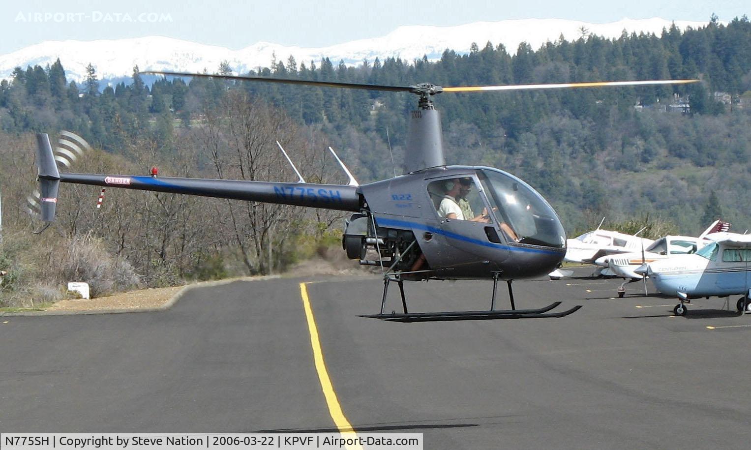 N775SH, 2004 Robinson R22 BETA C/N 3549, Silver State Helicopters 2004 Robinson R22 BETA departing Placerville, CA (sold to National Aviation Logistics, Carson City, NV an exported to Australia on Nov 4, 2010)