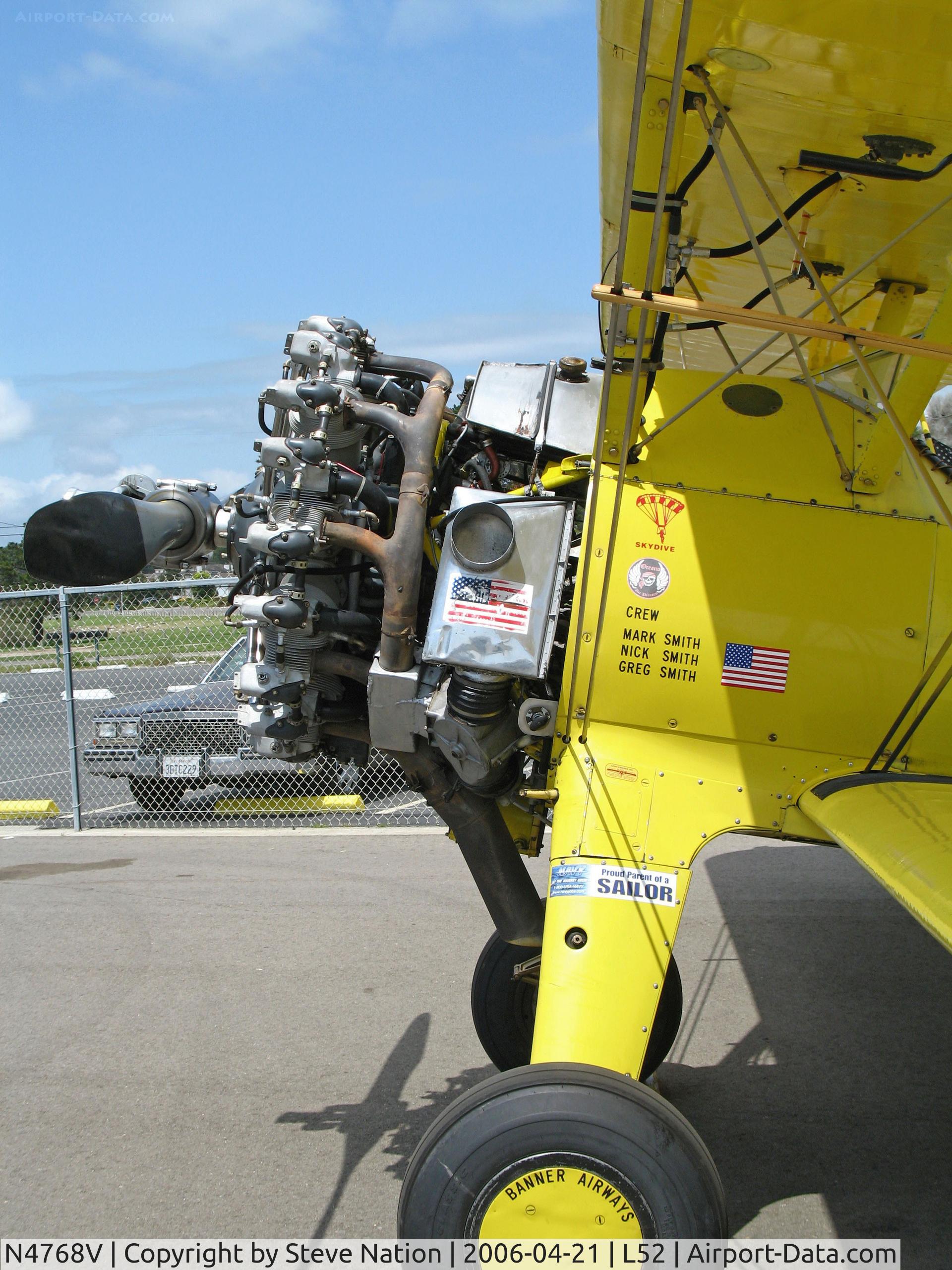 N4768V, Boeing E75 C/N 75-5737, Close-up of engine on Aircamp Biplane Rides Boeing E75 @ Oceano County Airport, CA