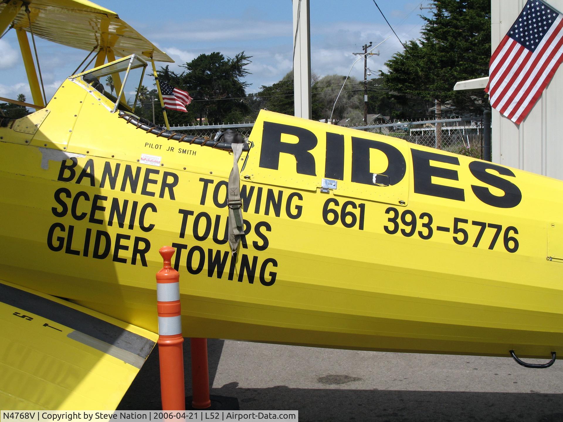 N4768V, Boeing E75 C/N 75-5737, Close-up of fuselage with titles on Aircamp Biplane Rides Boeing E75 @ Oceano County Airport, CA