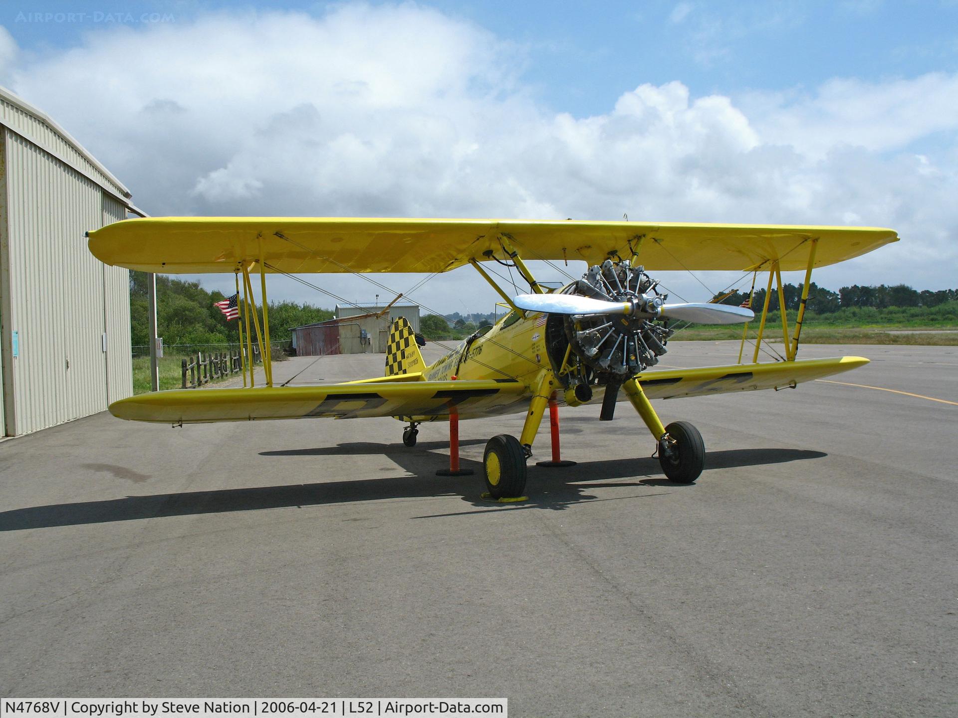 N4768V, Boeing E75 C/N 75-5737, Near head-on shot of Aircamp Biplane Rides Boeing E75 @ Oceano County Airport, CA