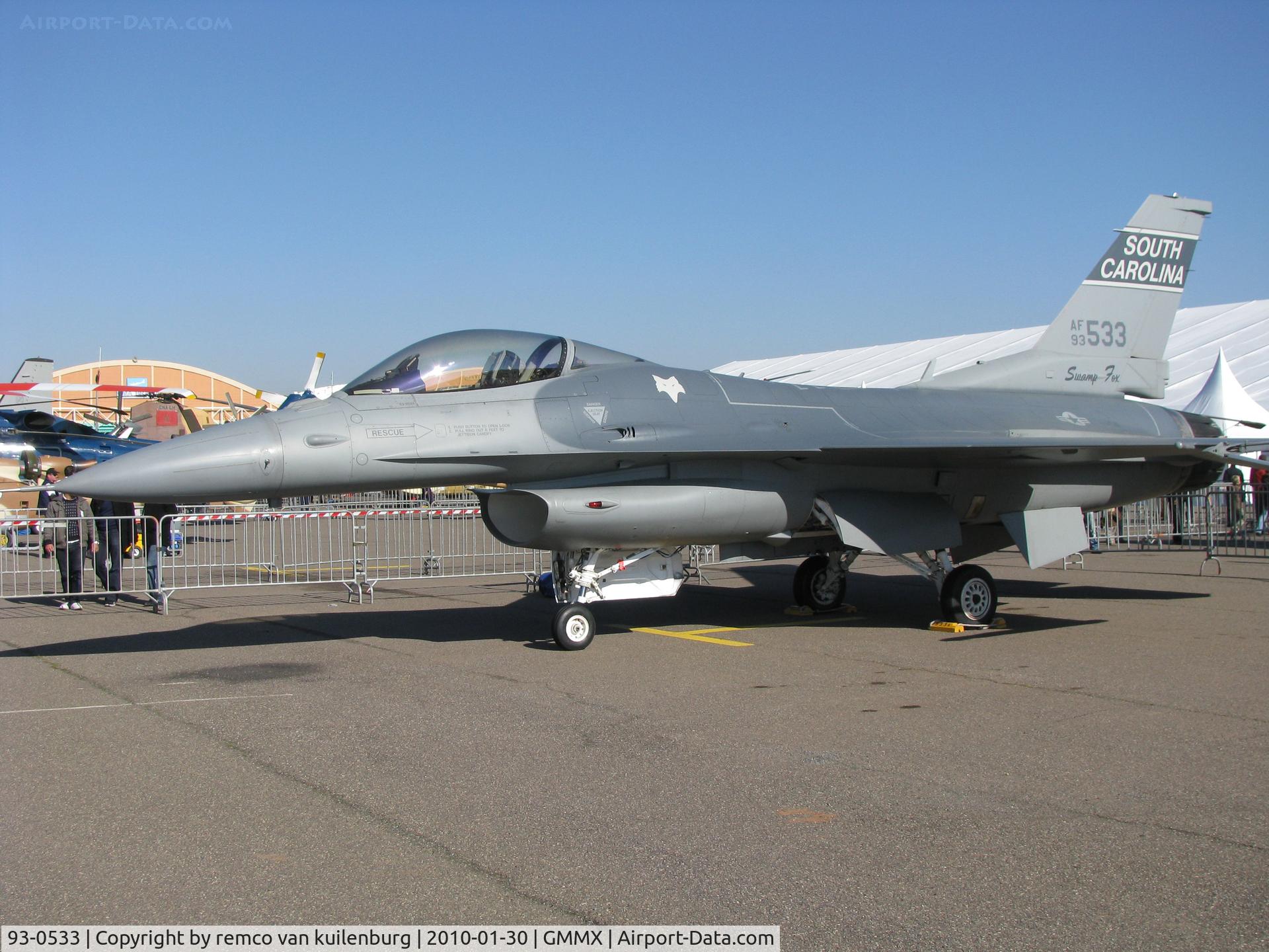 93-0533, 1993 Lockheed F-16C Fighting Falcon C/N CC-168, 157th FS South Carolina ANG on the static AEROEXPO Marrakech 2010.