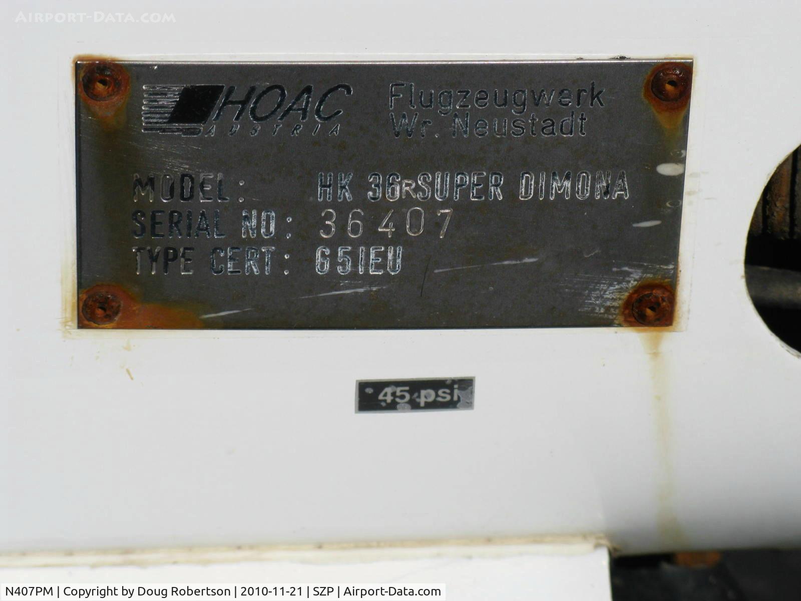 N407PM, 1995 HOAC HK-36R Super Dimona C/N 36407, 1995 HOAC Austria Flugzeugwerk Weiner Neustadt Gmbh HK-36R SUPER DIMONA motor-glider, Rotax 912 80 Hp, needs no separate tow-aloft airplane, data plate