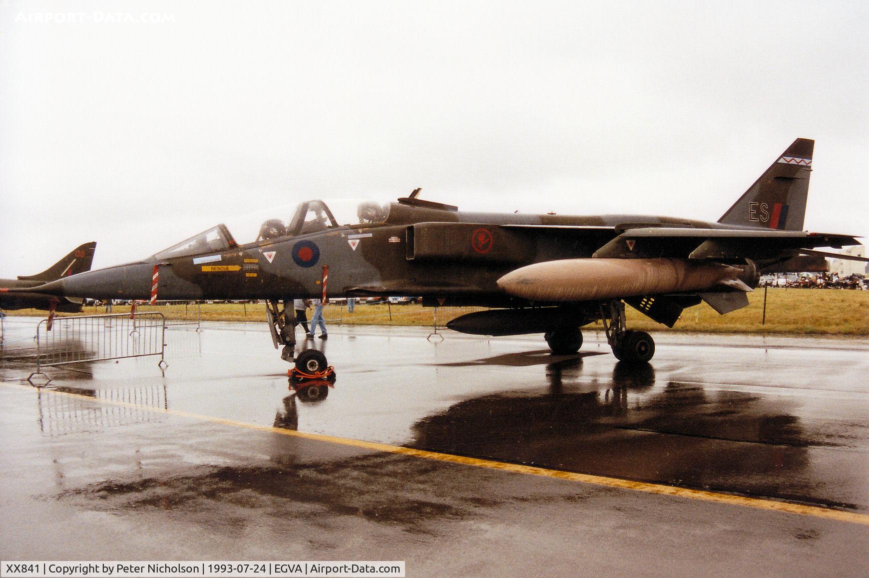 XX841, 1975 Sepecat Jaguar T.2A C/N B.29, Jaguar T.2A, callsign 9 Bravo Golf Two One, of 6 Squadron at RAF Coltishall on display at the 1993 Intnl Air Tattoo at RAF Fairford.