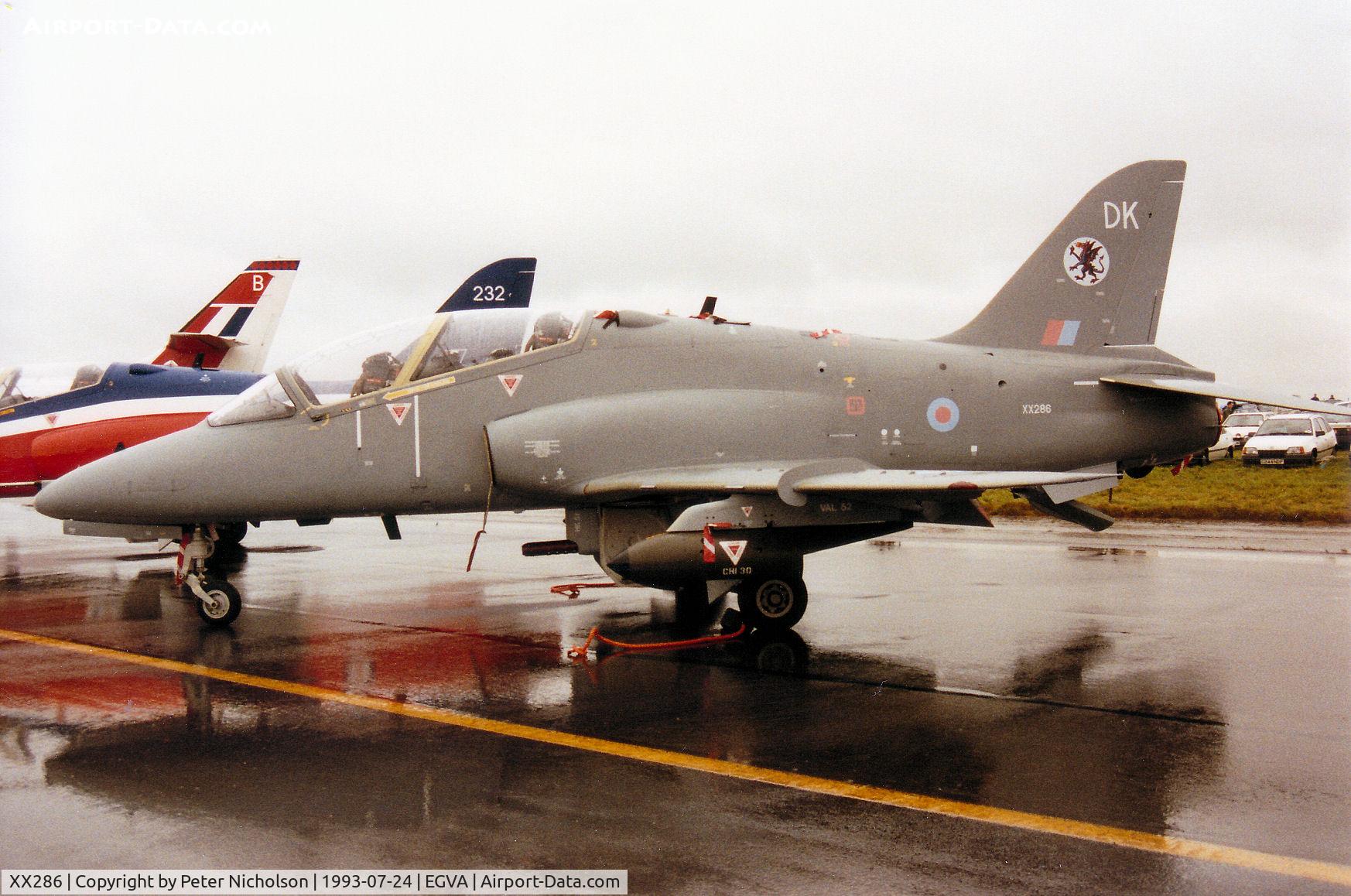 XX286, 1979 Hawker Siddeley Hawk T.1A C/N 112/312111, Hawk T.1A, callsign VYT 81, of 234 [Reserve] Squadron on display at the 1993 Intnl Air Tattoo at RAF Fairford.