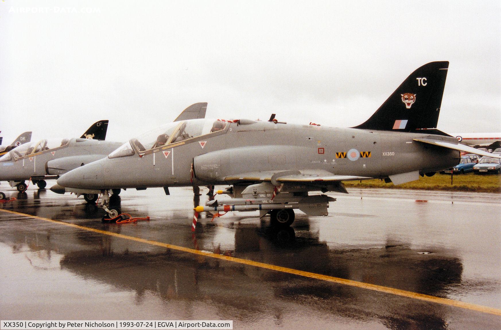 XX350, 1981 Hawker Siddeley Hawk T.1A C/N 199/312174, Hawk T.1A, callsign Tiger 1, of 74[Reserve] Squadron on display at the 1993 Intnl Air Tattoo at RAF Fairford.