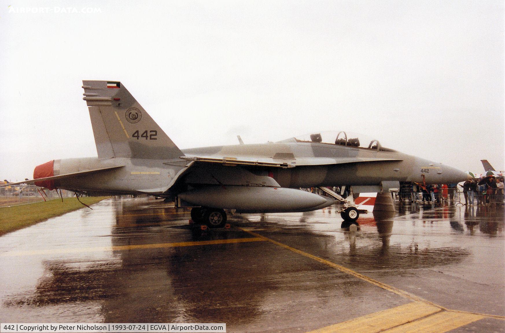 442, McDonnell Douglas KAF-18D Hornet C/N 1057/KAFD002, KA-18D Hornet, callsign Kuwait Air Force 321, of 25 Squadron on display at the 1993 Intnl Air Tattoo at RAF Fairford.  This is one of eight such aircraft produced by McDonnell Douglas.