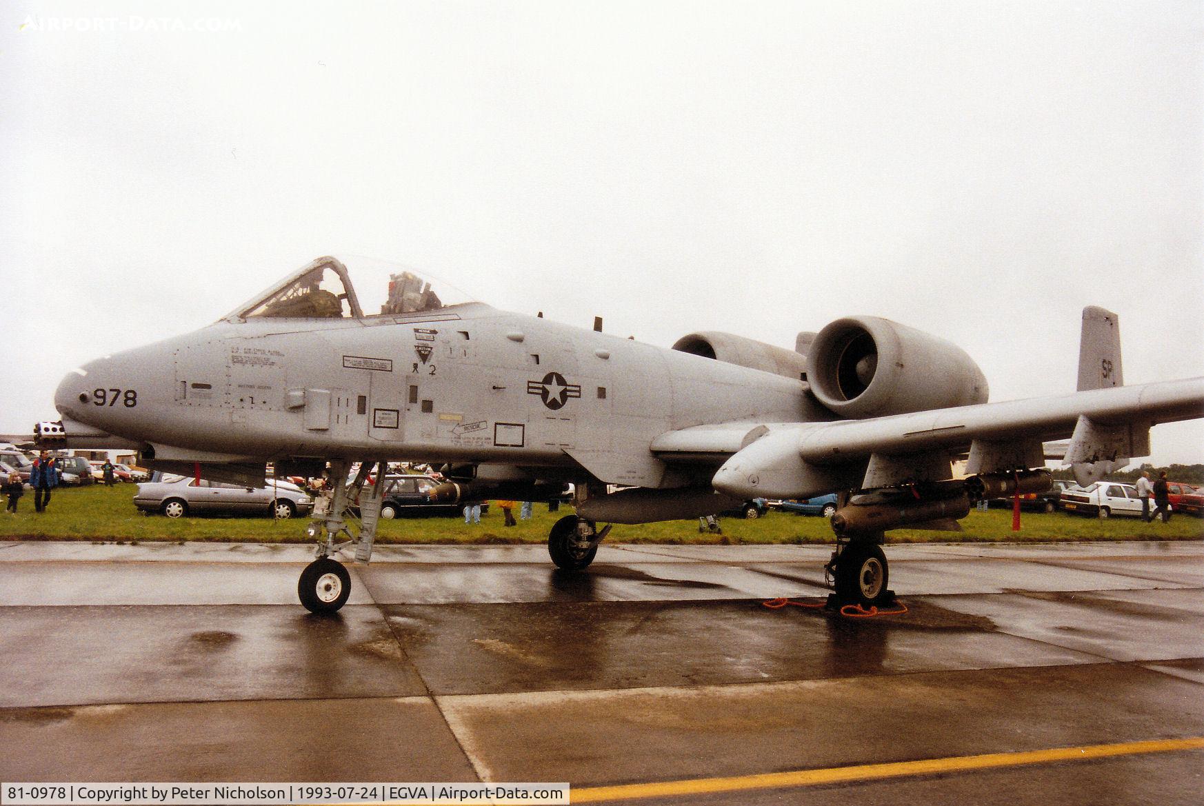 81-0978, 1981 Fairchild Republic A-10A Thunderbolt II C/N A10-0673, A-10A Thunderbolt, callsign Hawg 01, of 510th Fighter Squadron/52nd Fighter Wing based at Spangdahlem on display at the 1993 Intnl Air Tattoo at RAF Fairford.
