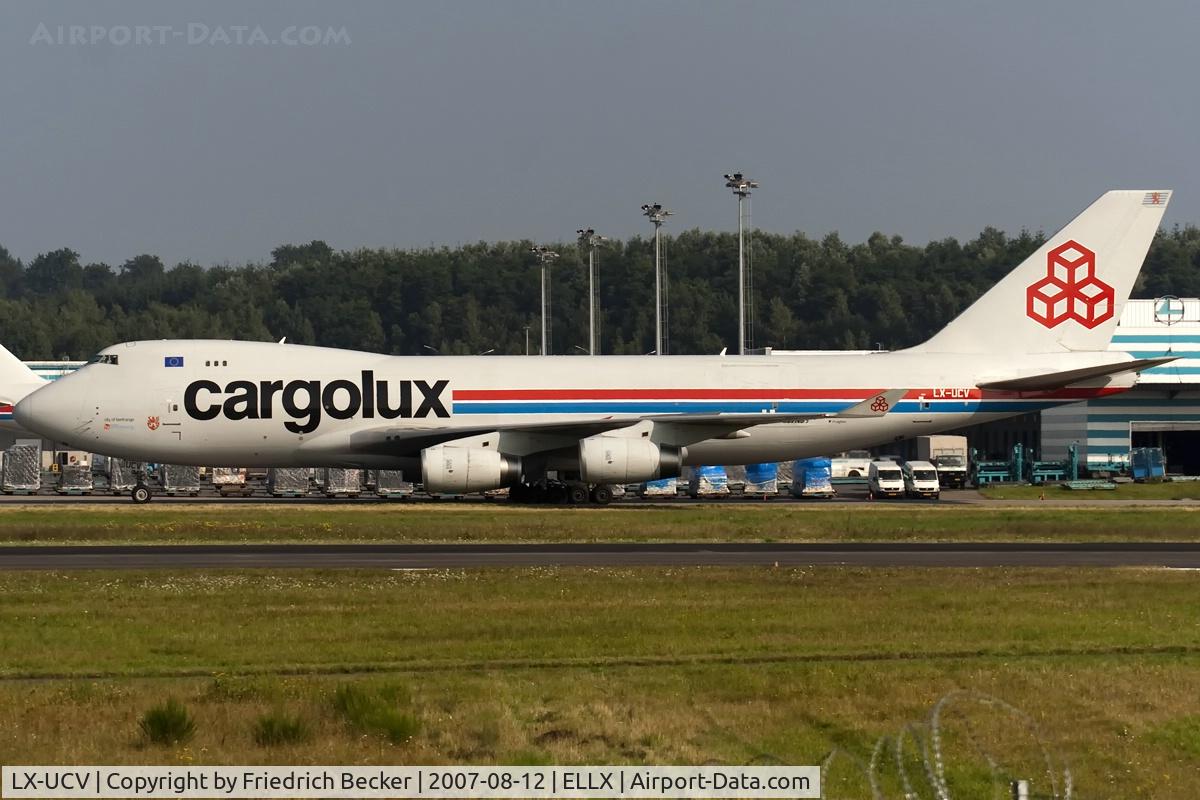 LX-UCV, 2004 Boeing 747-4R7F/SCD C/N 33827, taxying to the cargo center