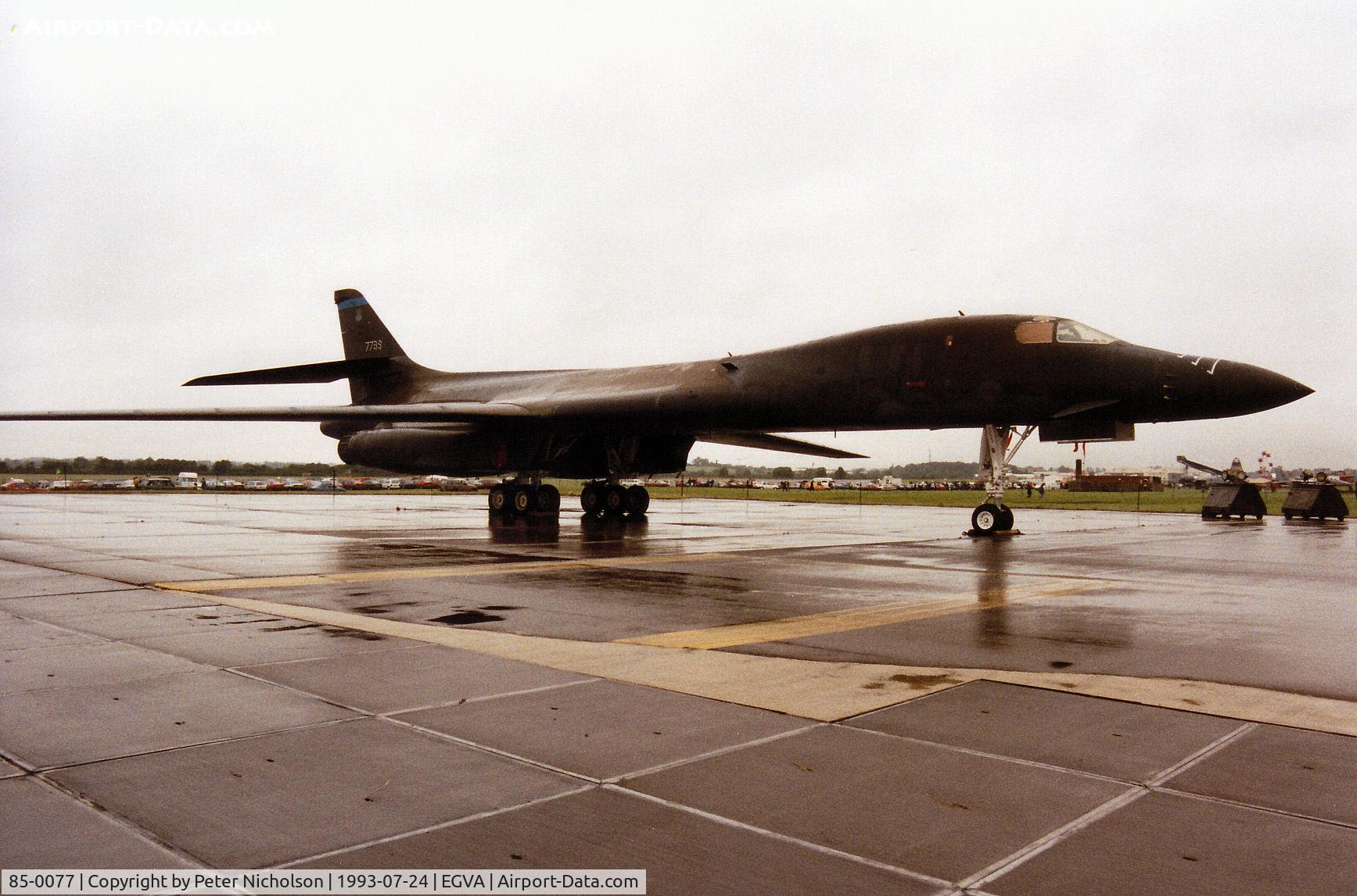 85-0077, 1985 Rockwell B-1B Lancer C/N 37, B-1B Lancer, callsign Bone 73, of 77th Bomb Squadron/28th Bombardment Wing on display at the 1993 Intnl Air Tattoo at RAF Fairford.